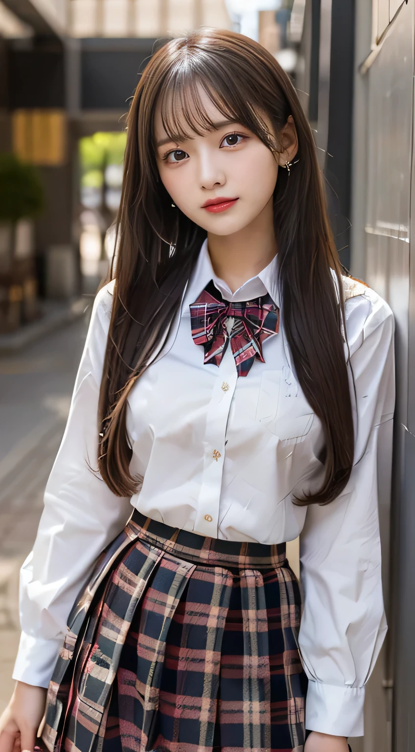 (beautiful girl、high school girl、 plaid midi skirt、high school uniform:1.3)、TOP QUALITY,8K image、Shapely breasts、straight hair