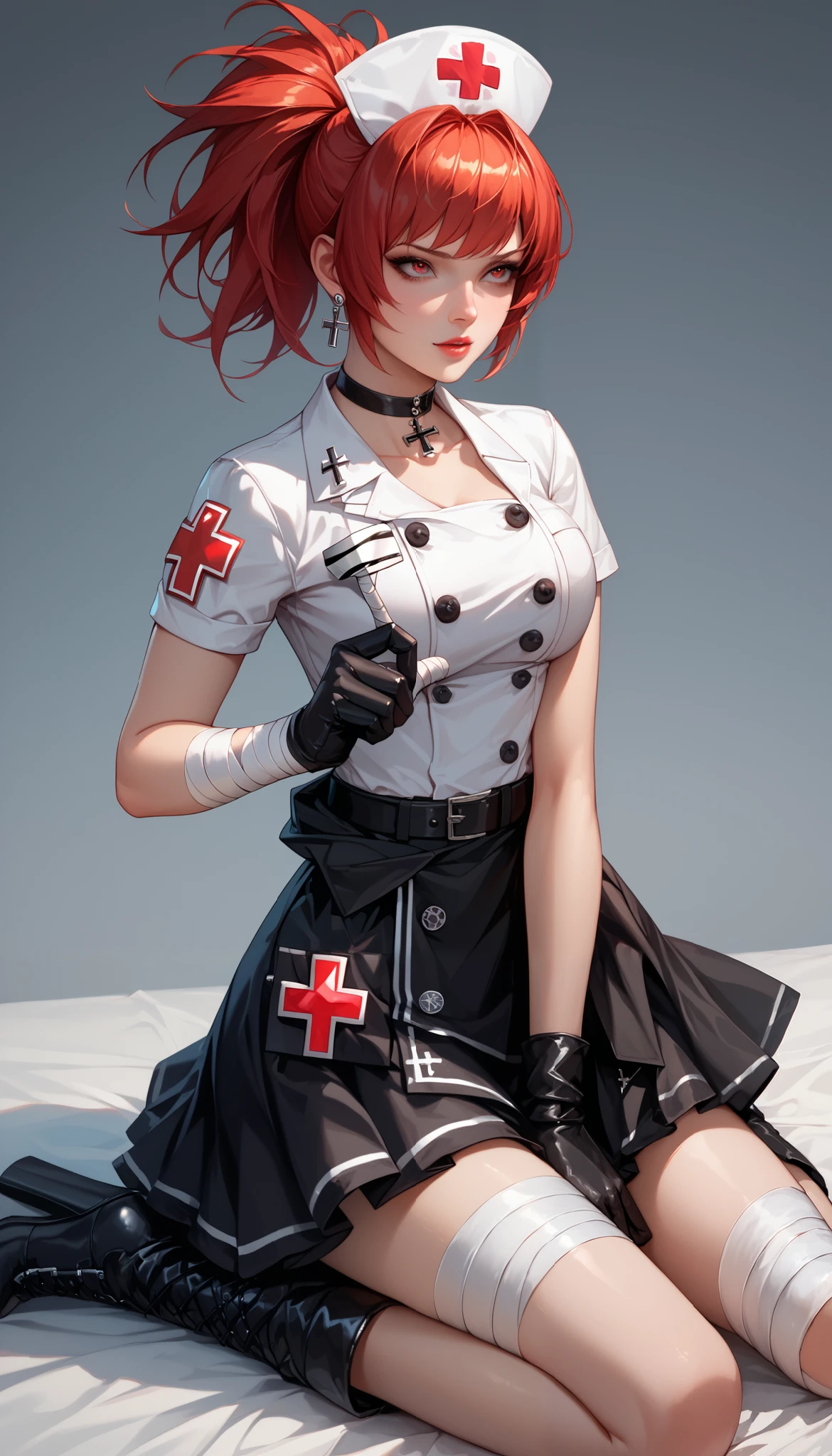 bright red hair, ponytail, red eyes, PonyLeona, triangle earrings, black gothic lolita nurse style with many bandaged on limbs,elegant luster of black silk, made of black silk nurse costume, uniform black costume,(dressing roll-bandages around limb:1.2),black nurse cap with cross(symbol) print on head,black silk one-piece dress with lapeled collar, bold V-neck, short sleeves, double-breasted on front of costume,wrap black belt around waist of dress, one-piece design, matching color black wrap skirt, wide A-line,black medical gloves,black choker with cross accessories, black lace embroidered scalloped trim on skirt-hem,black platform boots,BREAK white cross(symbol) print on nurse cap, (dressing roll-bandages around arms, dressing roll-bandages around legs, bandage wrapped around rough, limbs wrapped in bandages), white buttons,