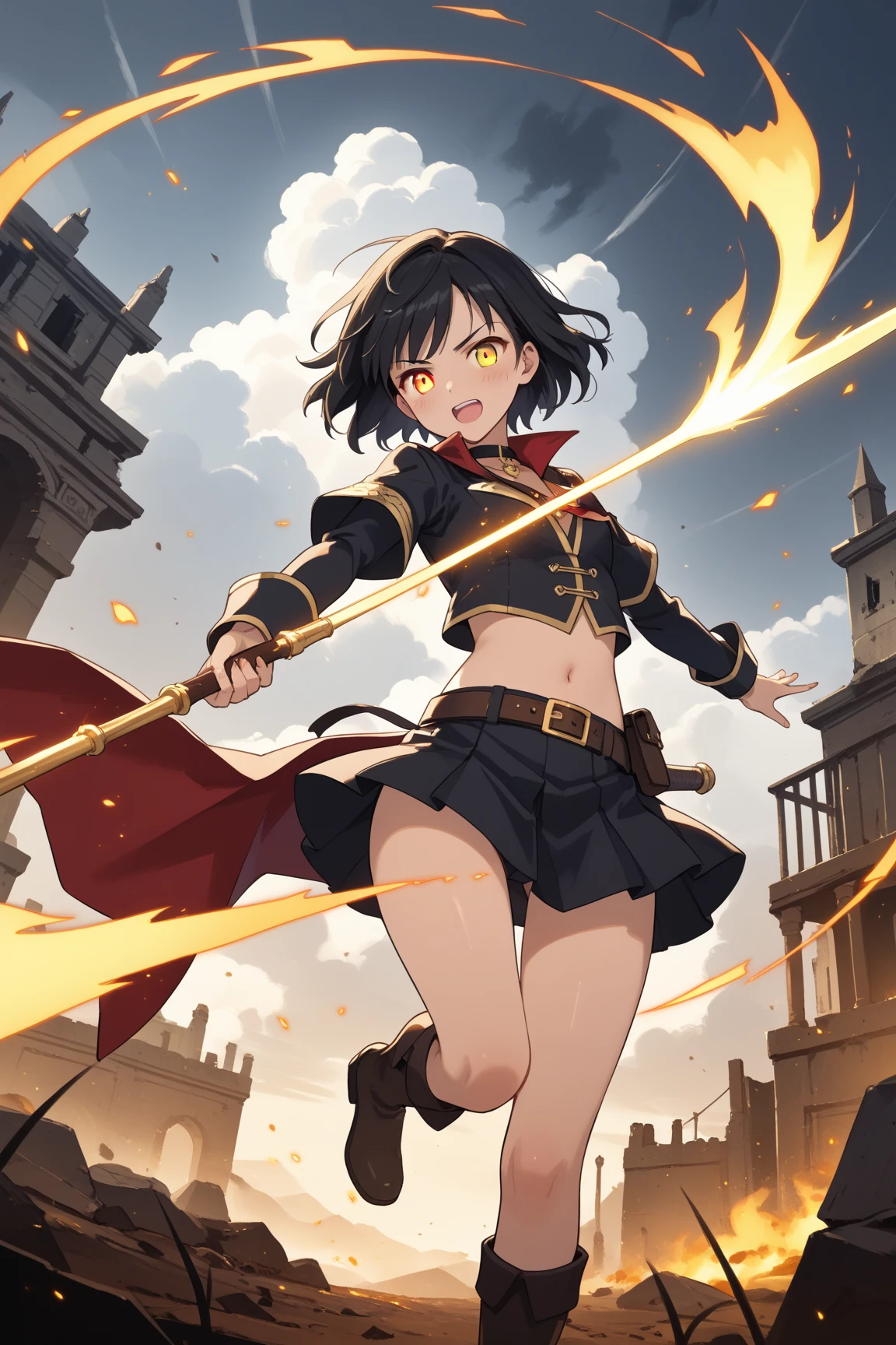 masterpiece, best quality, highly detailed, ultra high resolution, finely crafted, exquisitely detailed, 
schoolgirl, short bob, wavy hair, black hair, striking golden eyes, deep golden irises, rad
A semi-realistic anime-style illustration of Ai, a young female detective, dressed in a stunning and revealing warrior-themed battle outfit. She has shoulder-length bobbed black hair with natural waves, striking golden eyes that glow with intensity, and a fierce yet alluring expression. 

She is wearing a high-slit mini battle skirt, an armored corset with gold and silver engravings, detached sleeves, and thigh-high armored boots. Her toned midriff is exposed, emphasizing her agility. Her battle cape is short and torn at the edges, fluttering wildly in the stormy battlefield winds. 

She is in an extremely dynamic pose, mid-air, spinning acrobatically while delivering a powerful slash with her glowing enchanted blade. One leg is extended in a powerful motion, emphasizing her athletic build and fluid movement. Her hair and cape are  dramatically, affected by her rapid speed. Her weapon leaves behind a radiant energy trail, illuminating the battlefield as she cuts through her enemy. 

Sparks fly as metal clashes, dust and embers swirl in the air, and the sheer force of her movement distorts the surrounding environment slightly. The background showcases an epic battlefield, stormy clouds, crumbling ruins, and flickering flames, adding intensity to the dramatic combat scene. The lighting is cinematic, with brig

Her pose is dynamic, mid-action as she charges forward, swinging her blade against an unseen enemy, with dust and sparks flying around her. Her cape billows dramatically behind her, emphasizing the intensity of the battle. A mystical aura surrounds her weapon, indicating a powerful strike. 

The background showcases an epic battlefield with stormy clouds, glowing embers, and remnants of an ongoing war, creating a cinematic and powerful atmosphere.
