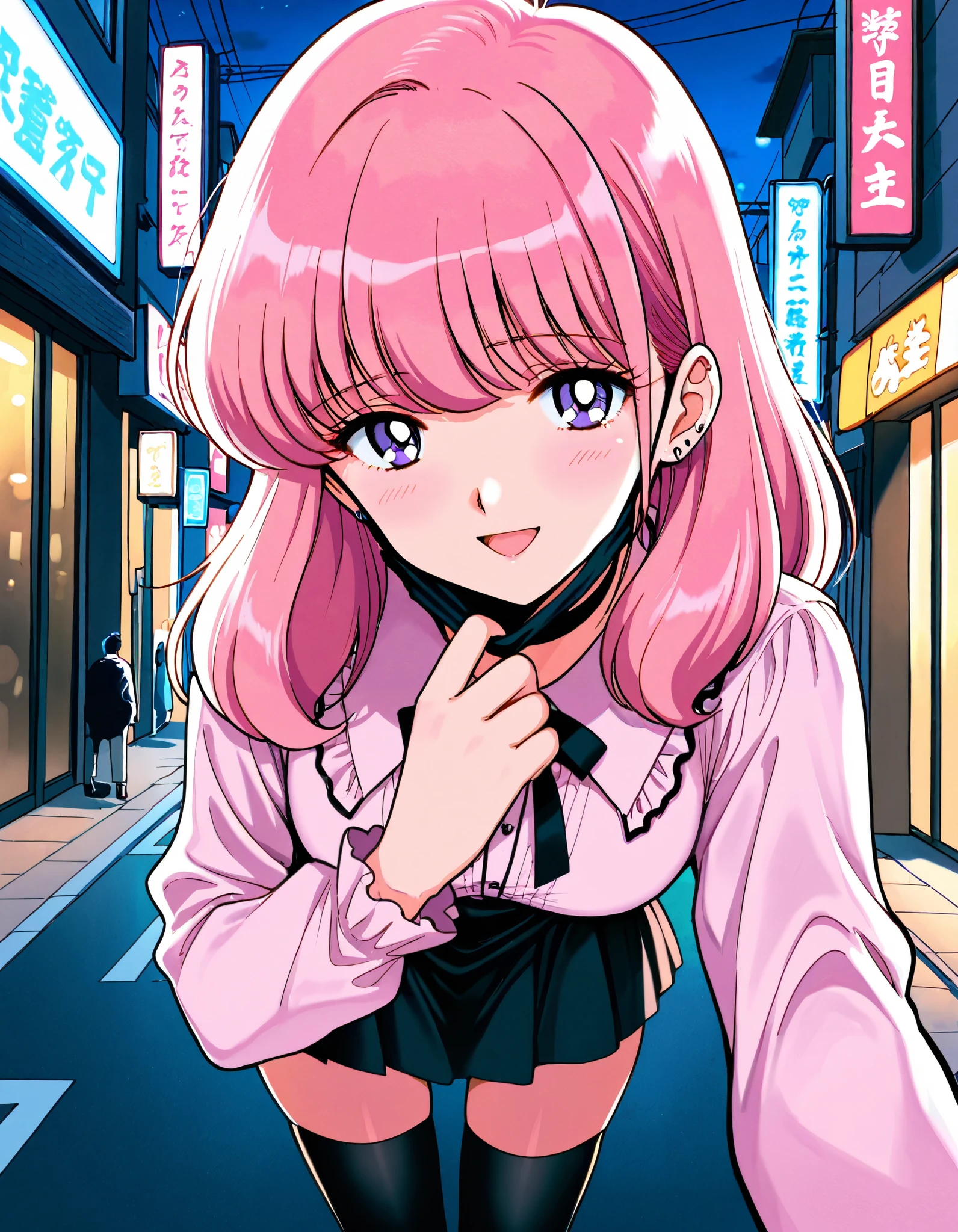 Score_9, score_8_up, score_7_up, source_anime, nakajima_noriko, solo, medium hair, pink hair, purple eyes, (best quality), (high quality), {masterpiece}, extremely delicate and beautiful, ultra-detailed, beautiful detailed eyes, jirai kei, pink shirt, black skirt, black choker, black thighhighs, shibuya, street, night, black mask, mask pull, smile, open mouth, leaning forward