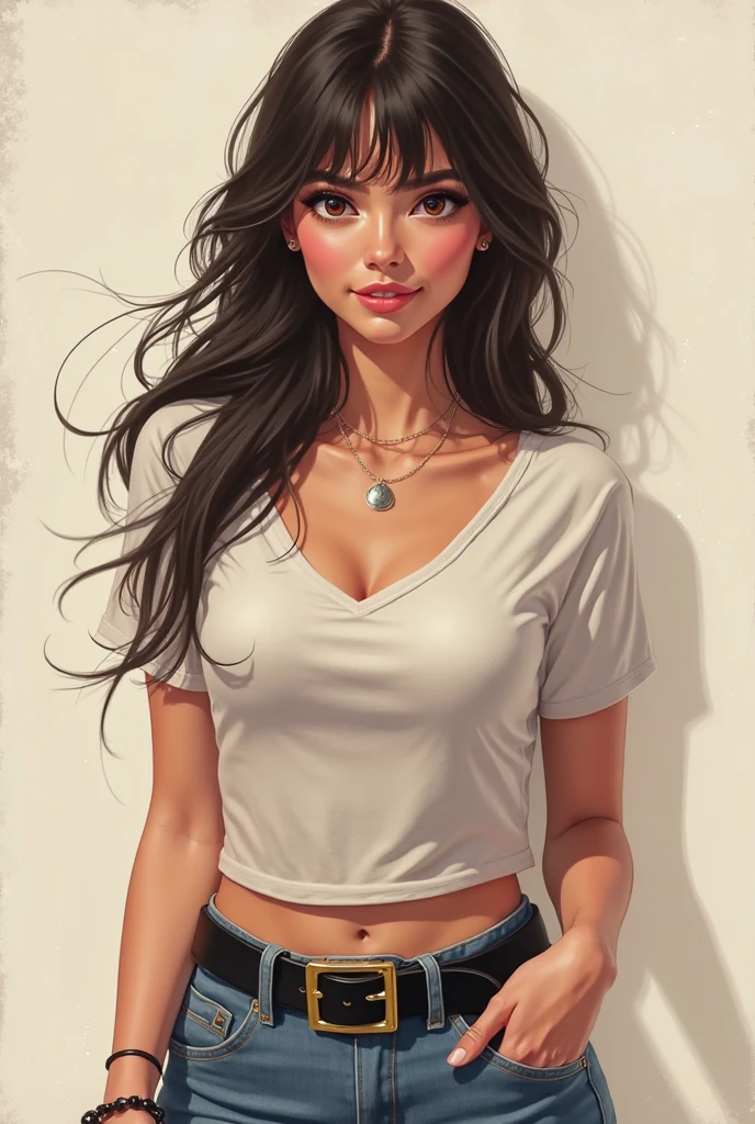 a young woman from the Evenk Yakut ethnic group from Siberia, she has a big smile on her face. With an athletic and strong body, muscular arms, wears a white t-shirt and jeans, art style by Luis Royo and Dorian Cleavenger
