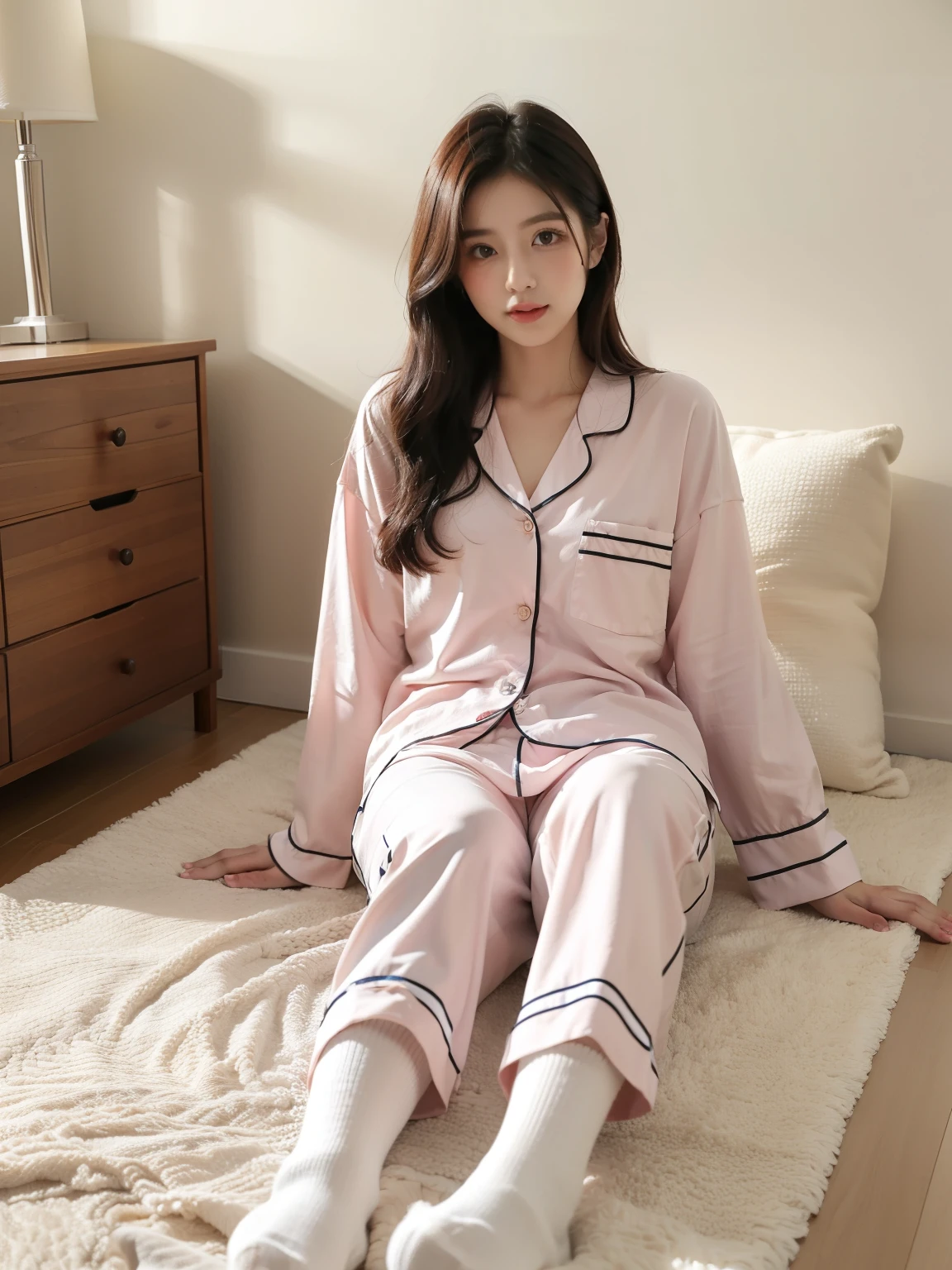 Cute female college student wearing pink pajamas