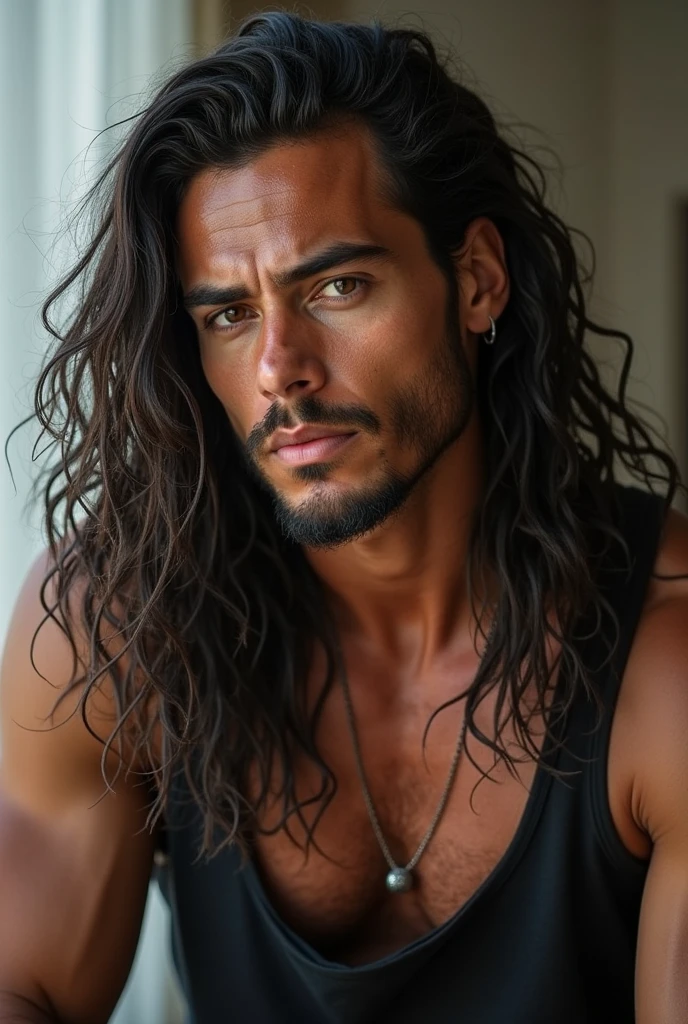 (best quality), 1boy, Male, tanned skin, black hair, wavy hair, medium hair, tousled hair, golden eyes, perfect eyes, strong jawline, stubble, hairy, plaid shirt, scar across eye, broad, muscular, rugged, serious expression, masterpiece, anatomically correct, highres