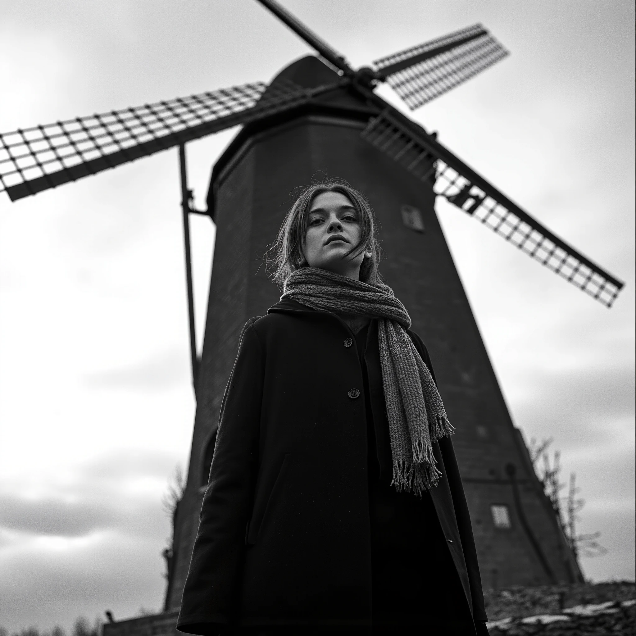 Cinematic photography, low-angle close-up view of a young woman standing in front of a towering windmill. She is wearing winter clothing — a long, dark coat with a high collar, a knitted scarf wrapped around her neck, and a woolen beanie covering her long, slightly tousled hair. Her face is pale, with a somber, contemplative expression, and her gaze is directed sideways, looking into the distance. The windmill looms behind her, its large, grid-like blades casting dark, angular shadows against a cloudy, overcast sky. The scene is in black and white, with dramatic backlighting creating a striking silhouette effect. The atmosphere feels cold and isolated, with the contrast between the dark clothing and the pale sky adding to the moody, cinematic style. A sense of quiet tension lingers in the air, as if the windmill and the woman are frozen in a timeless moment. The photograph has a filmic quality, rich in depth of field and subtle textures, with each detail — from the roughness of the windmill’s structure to the soft fabric of her scarf — meticulously highlighted.
