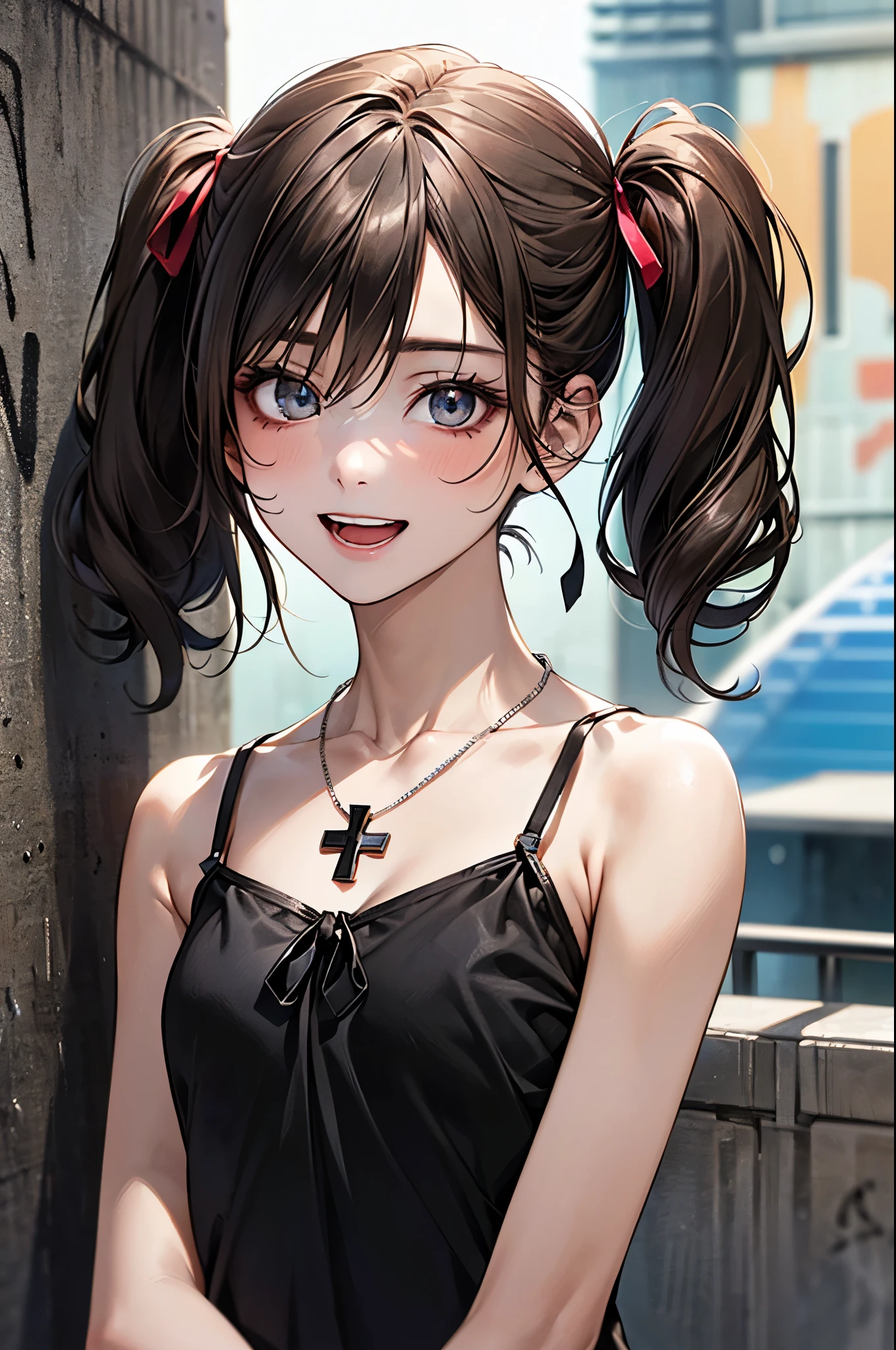 (highest quality、8k、32K、masterpiece)、(realistic)、(Photoreal:1.2)、(High resolution)、Super detailed、very beautiful face and eyes、1 girl、round and small face、thin waist、delicate body、(close、highest quality、high detail、rich skin details)、(highest quality、8k、oil paint:1.2)、Super detailed、(realistic、realistic:1.37)、bright colors、(((brown hair)))、(((bust shot)))、(((medium hair)))、(((pure white wall background)))、(((pure white wall background)))、(((白とグレーのstripes々wear a camisole of)))、(((laughing)))、(((stripes々wearing a patterned camisole)))、(((look straight ahead)))、(((brown hair)))、(((wearing a heart necklace)))、(((she is wearing a white and gray camisole)))、(((her hair is tied up with a yellow scrunchie)))、(((I'm crossing my arms in front of my chest)))
