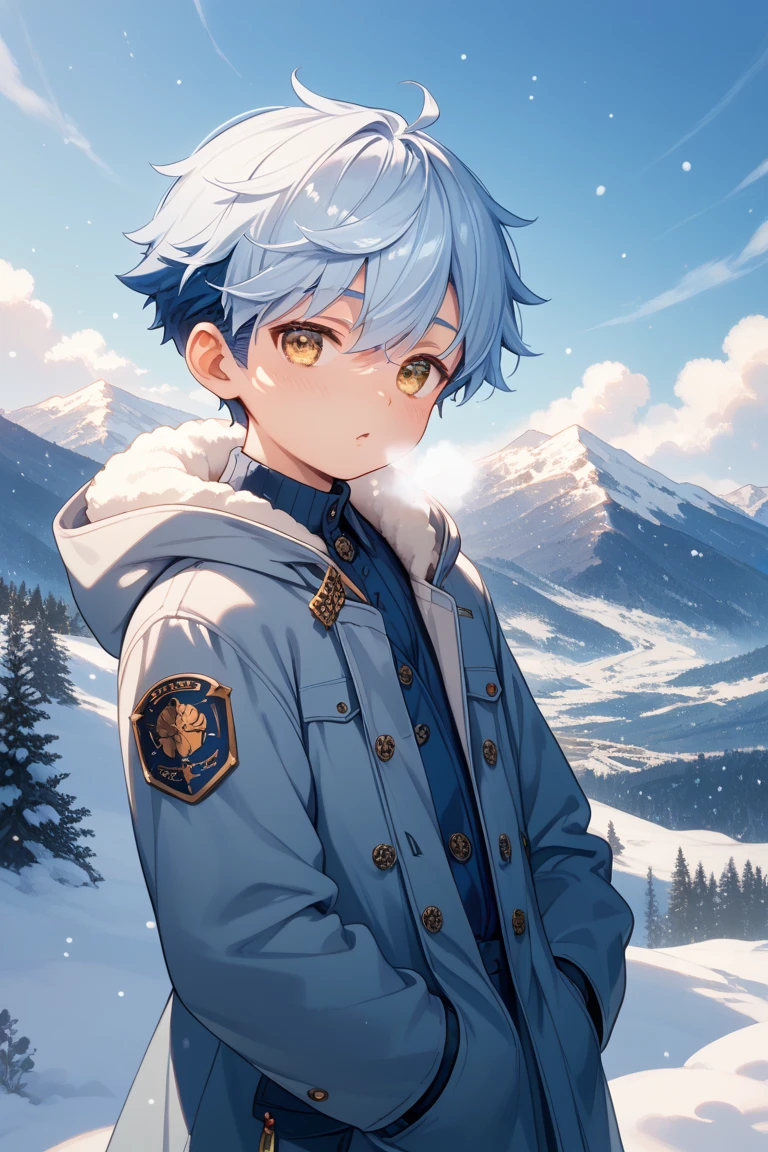 An image of a young and handsome boy with light blue hair gazing up at the starry night sky during winter, with shooting stars streaking across the heavens.