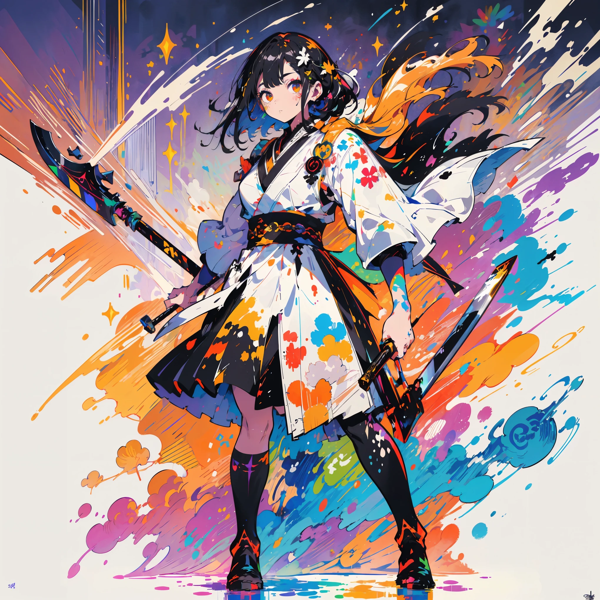 masterpiece, full body、Top Quality, female、Age 25、Six-headed、Alone、rainbow-colored splashes、Alone,  (Doodle:1.4),  paint splatter, , Body Paint,rainbow-colored hair, with golden eyes, rainbow、 splash 、colorful、 face paint、 Maid Cosplay, Giant Axe、Axe、Fighting spirit、fight、Armament、Strong、cool、Axe in both hands、armor、maid clothes、Alone、weapon standing in the background、