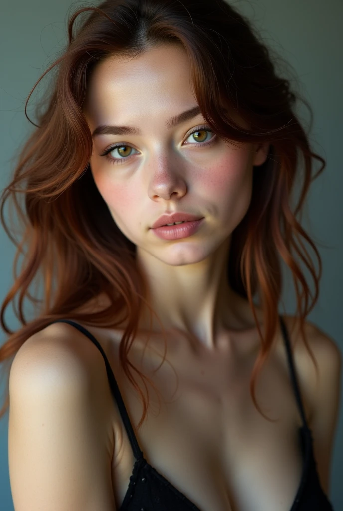 a photo of a seductive woman with loose styled redhead hair, bored, she is wearing Bandeau Top and A-line skirt, (tattoos:1.1), mascara, (textured skin, skin pores:1.2), (moles:0.8), (imperfect skin:1.1), intricate details, goosebumps, flawless face, (light freckles:0.9), ((photorealistic):1.1), (raw, 8k:1.2), dark, muted colors, slate atmosphere