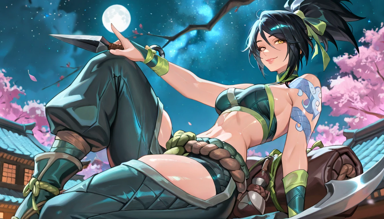sky, field, grass, akali, league of legends, 1girl, arm tattoo, ass, back, back tattoo, backlighting, black hair, breasts, brown eyes, butt crack, choker, dragon tattoo, eyeliner, full moon, kunai, looking at viewer, makeup, mask, moon, mouth mask, nail polish, nipples, open clothes, ponytail, shoulder tattoo, solo, tattoo <lora:akali_v2-000038:1>