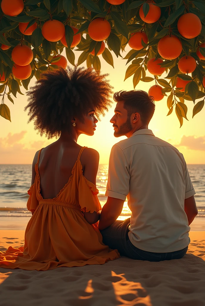 A black woman with orange afro hair kissing a thin, white man with straight hair.
