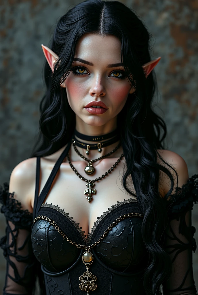 A dark elf, beautiful detailed eyes, beautiful detailed lips, extremely detailed eyes and face, long eyelashes, pale white skin, large pointy ears, blood red eyes, large evil tattoos, sheer black lingerie, studying glyphs in summoning chamber, dark mystical atmosphere, dramatic lighting, moody colors, cinematic composition, intricate details, hyper realistic, (best quality,4k,8k,highres,masterpiece:1.2),ultra-detailed,(realistic,photorealistic,photo-realistic:1.37),dark fantasy,occult,gothic