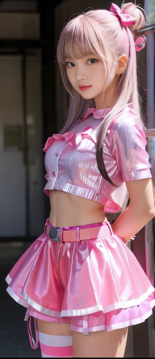 flashy candy idol girl、A pure girl's face、 hypo、fluorescent pink striped candy shirt、silver sequin tight shorts、、Glowing、Candy Belt、