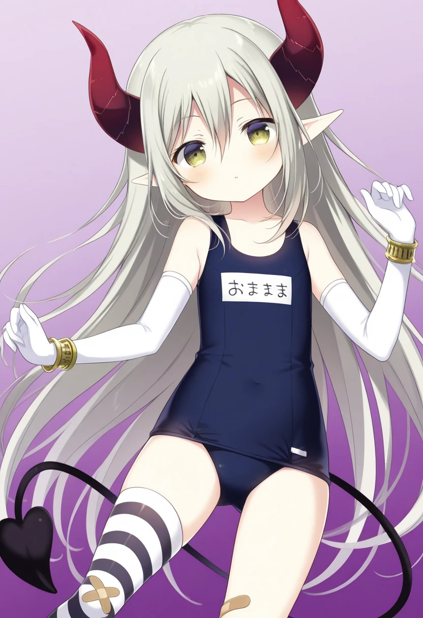 a picture of this is a drawing of a girl dressed up like a demon, 1girl, solo, backpack, la+ darknesss, virtual youtuber, long hair, horns, thighhighs, swimsuit, white one-piece swimsuit, one-piece swimsuit, streaked hair, blush, pointy ears, covered navel, bag, randoseru, holding strap, grey hair, ahoge, yellow eyes, white thighhighs, multicolored hair, looking at viewer, very long hair, black choker, choker, purple hair, white background