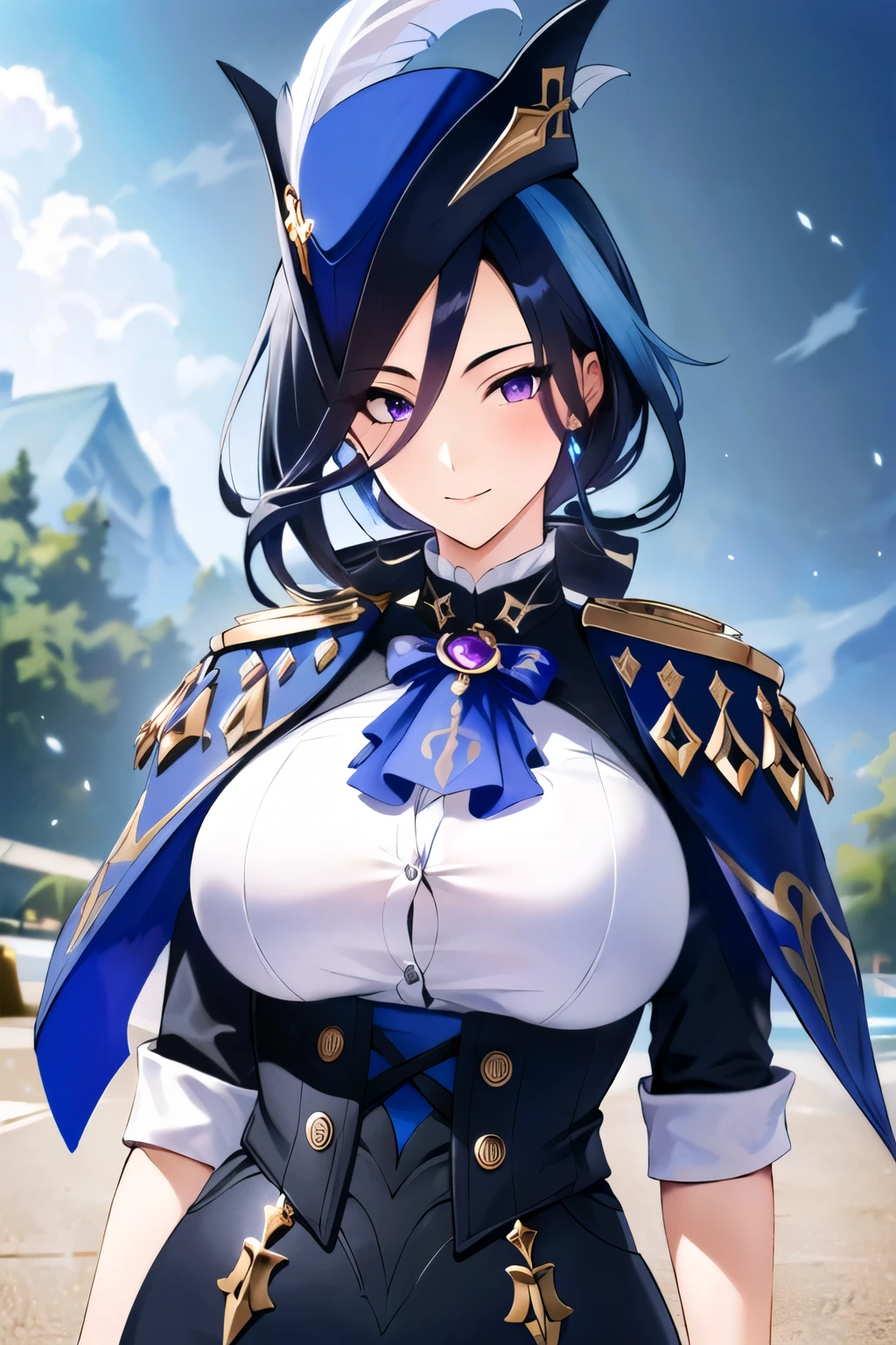 ((masterpiece)), ((best quality)), (ultra-detailed), absurdres, extremely detailed CG unity 8k wallpaper, Official Art, Accurate describe shapes, (realistic), beautiful face, detailed hands, expressive eyes, upper body, looking at viewer, solo, close-up, (standing, arm at side, smile:1.2), (scenery, dramatic lighting, illustration:1.1), (1girl, mature female, milf, motherly, huge breasts, narrow waist, deep blue hair, purple eyes, long hair:1.4), (blue headwear, white gloves, black pantyhose, earrings, hat feather, garter strap, corset, epaulettes:1.3), , ((masterpiece)), absurdres, HDR, clorinde (genshin impact)