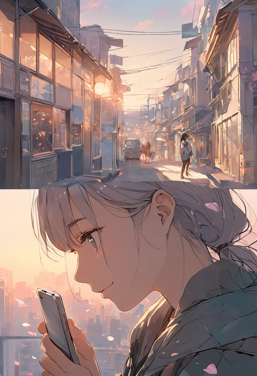A visually captivating, emotionally evocative anime-style illustration designed as the thumbnail for the song '遠距離恋愛の挑戦.' Render the image in soft pastel colors with sketch-like lines and a delicate watercolor texture. The central focus is on a 23-year-old man and a 24-year-old woman, shown in a split-screen or blended composition, each in their own urban setting at dawn or twilight. The man appears on one side with a gentle, hopeful expression, while the woman gazes at her smartphone with a warm smile as her screen reflects his face. Subtle elements like softly glowing cityscapes, delicate soundwave motifs, and faint cherry blossom petals merge in the background. The overall design evokes a sense of tender longing, determination, and the promise of a future reunion despite the distance.
