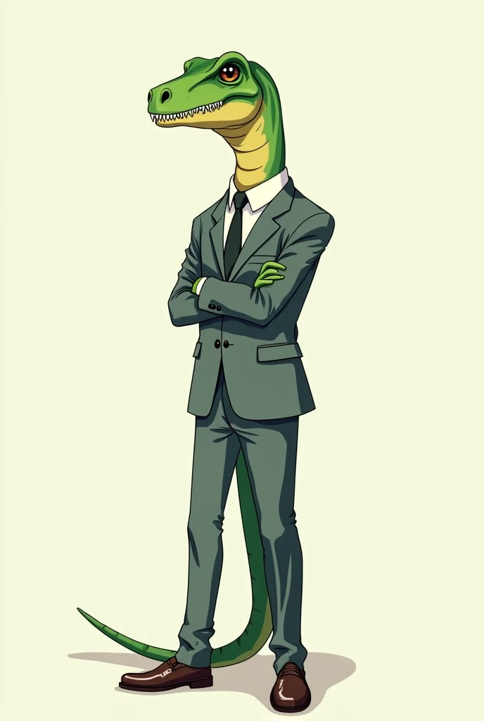 Slim skinny body,Green skin t-rex,wearing ash colour suit, and golf flat,with ,folding his arm ,while standing still anime cartoon style generate