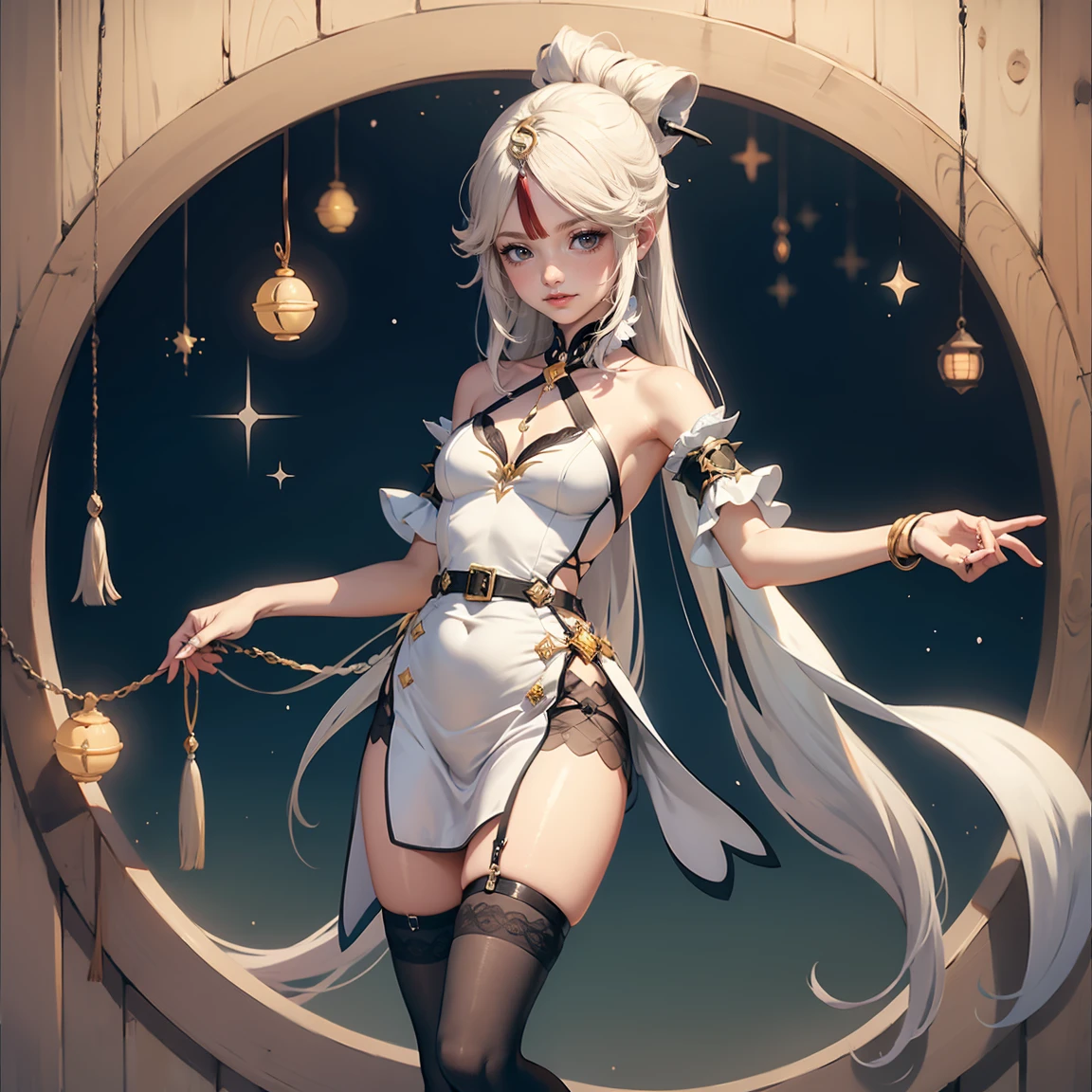 An illustration of a ghost girl in a sensual pose and with a micro skirt appearing the tiny thong, roupas totalmente brancas, pele branca e cabelos brancos, quase nua, Tiny thong, seios grandes, decote generoso, bunda grande, toda transparente, light behind her, ghosty aura, sorriso malicioso, rosto lindo e limpo, corpo perfeito