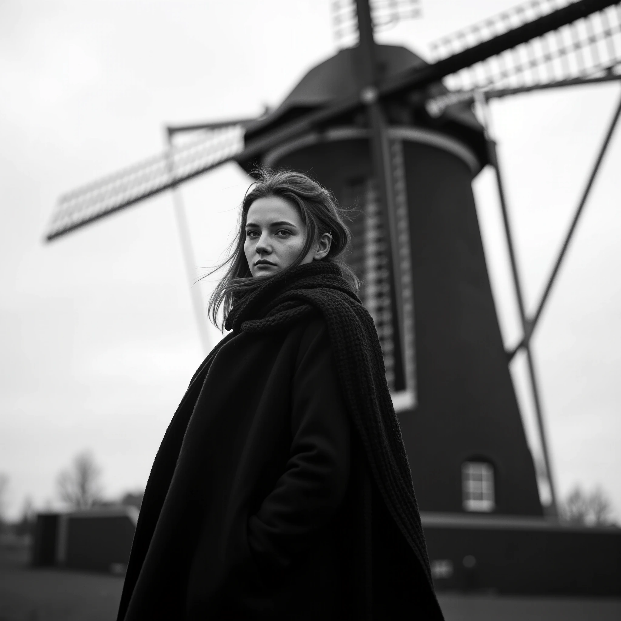 Cinematic photography, low-angle close-up view of a young woman standing in front of a towering windmill. She is wearing winter clothing — a long, dark coat with a high collar, a knitted scarf wrapped around her neck, and a woolen beanie covering her long, slightly tousled hair. Her face is pale, with a somber, contemplative expression, and her gaze is directed sideways, looking into the distance. The windmill looms behind her, its large, grid-like blades casting dark, angular shadows against a cloudy, overcast sky. The scene is in black and white, with dramatic backlighting creating a striking silhouette effect. The atmosphere feels cold and isolated, with the contrast between the dark clothing and the pale sky adding to the moody, cinematic style. A sense of quiet tension lingers in the air, as if the windmill and the woman are frozen in a timeless moment. The photograph has a filmic quality, rich in depth of field and subtle textures, with each detail — from the roughness of the windmill’s structure to the soft fabric of her scarf — meticulously highlighted.