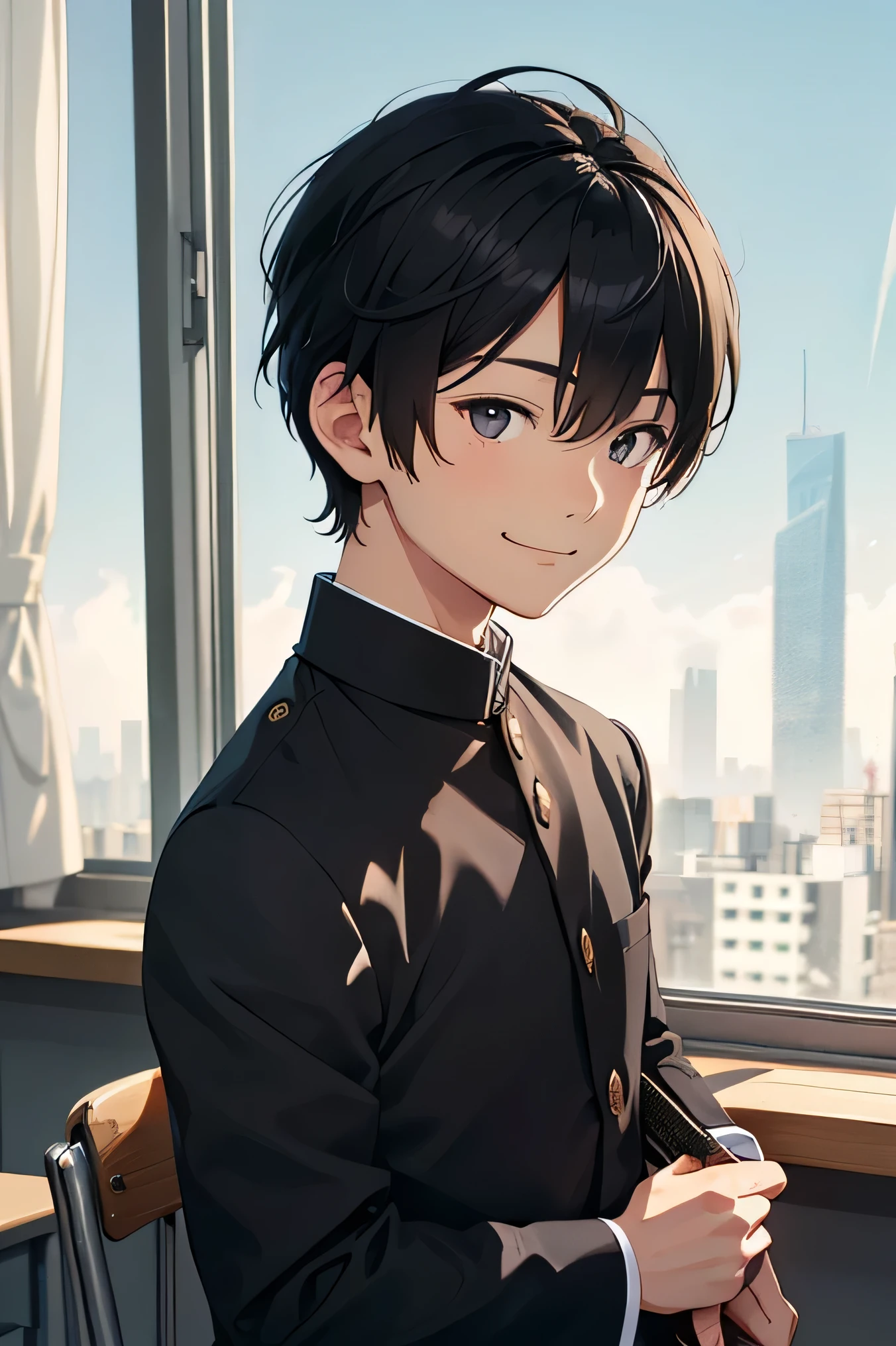 Japanese man handsome short dark hair Shaved head Shaved head adult short cropped smile In the classroom Outside the window is a city of the future School of the future Black school run school uniform Black school run The face is bigger and the composition is from the shoulders