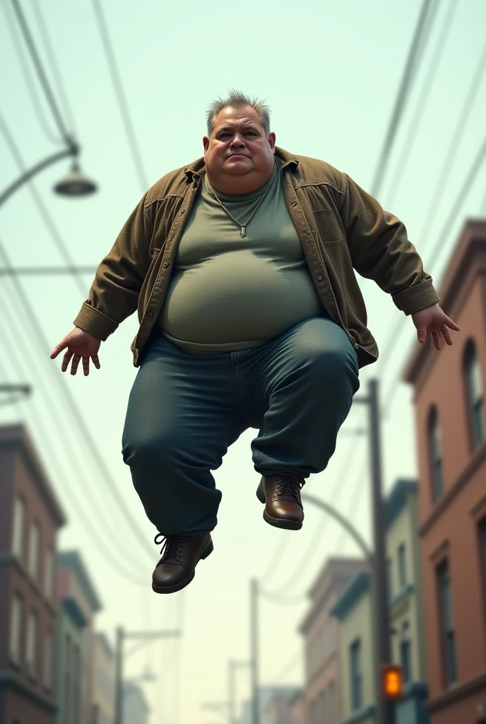 Create an image of a super mega fat guy falling off a building while eating potatoes with poop on it with the name of "Edward" 