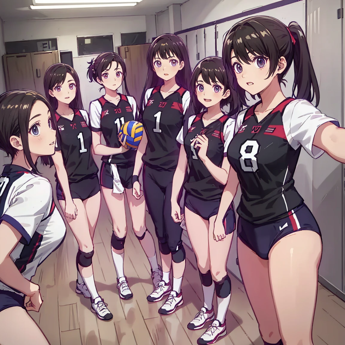 ponytail、Short Hair/(Volleyball Uniforms/Red mini shorts・Blue mini shorts・Green mini shorts、Orange mini shorts)、/(Dark Brown Hair/ponytail) bangs、Blushing bright smile、(Masterpiece of the highest quality:1.2) Delicate illustration with super details、 BREAK /(Volleyball court indoor/)Multiple women