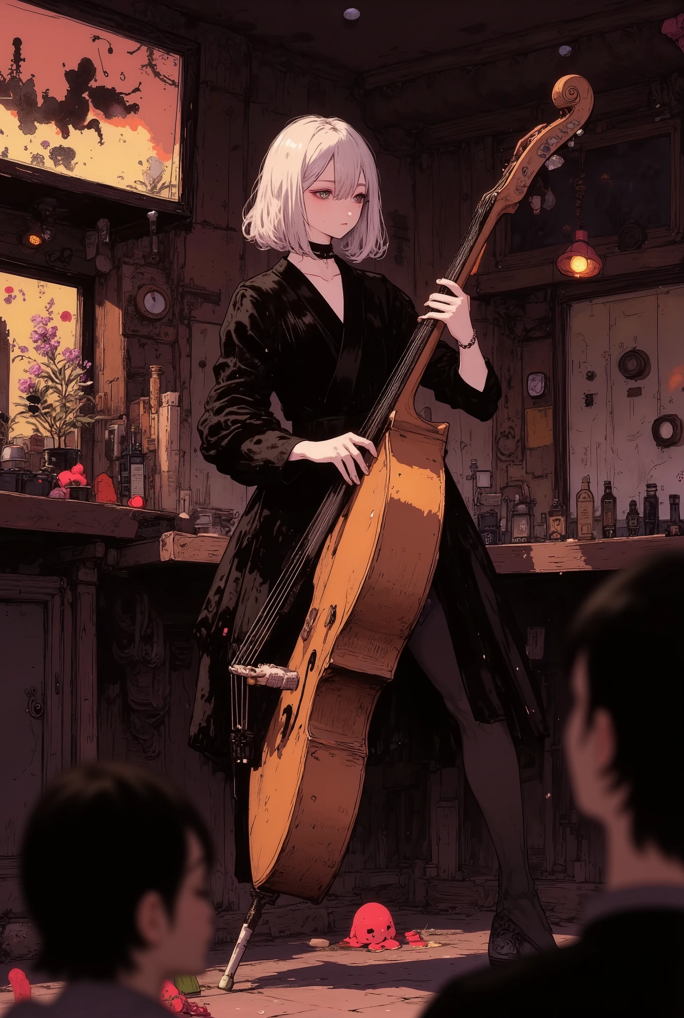 ((She is on stage in a hotel bar, bathed in the spotlight, eyes closed and light, playing the wood bass.)), quality, High Definition model, high detail, (((The textures are soft))), ((matte and toy-like with a handmade premium look)), (((Tim Burton style))), (((profile))), side view, from side, beautiful woman, perfect body, anime style, simple lines, short hair, bob haircut, soft silver medium length hair, (intricate details:1.1), beautiful detailed, beautiful hair, 1girl, japanese, blush, ((five fingers)), Anatomically correct,
