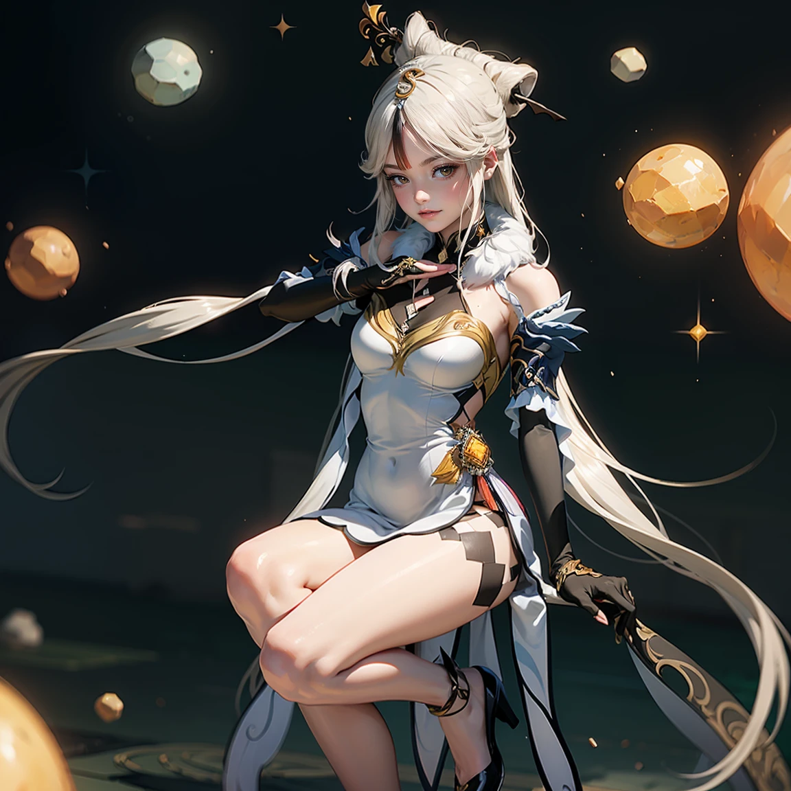 An Idol k-pop girl, cute girl, sexy girl, braid hair, white colored hair, intricate face details, detailed face, golden ratio face, big breast, big butt, big hip, big thighs, full body, 64K, UHD, HDR, high quality, high detailed, hyper detailed, photo realistic, ultra realistic, art photo, clarify the details, detailed parts body, intricate artwork masterpiece, trending on art-station