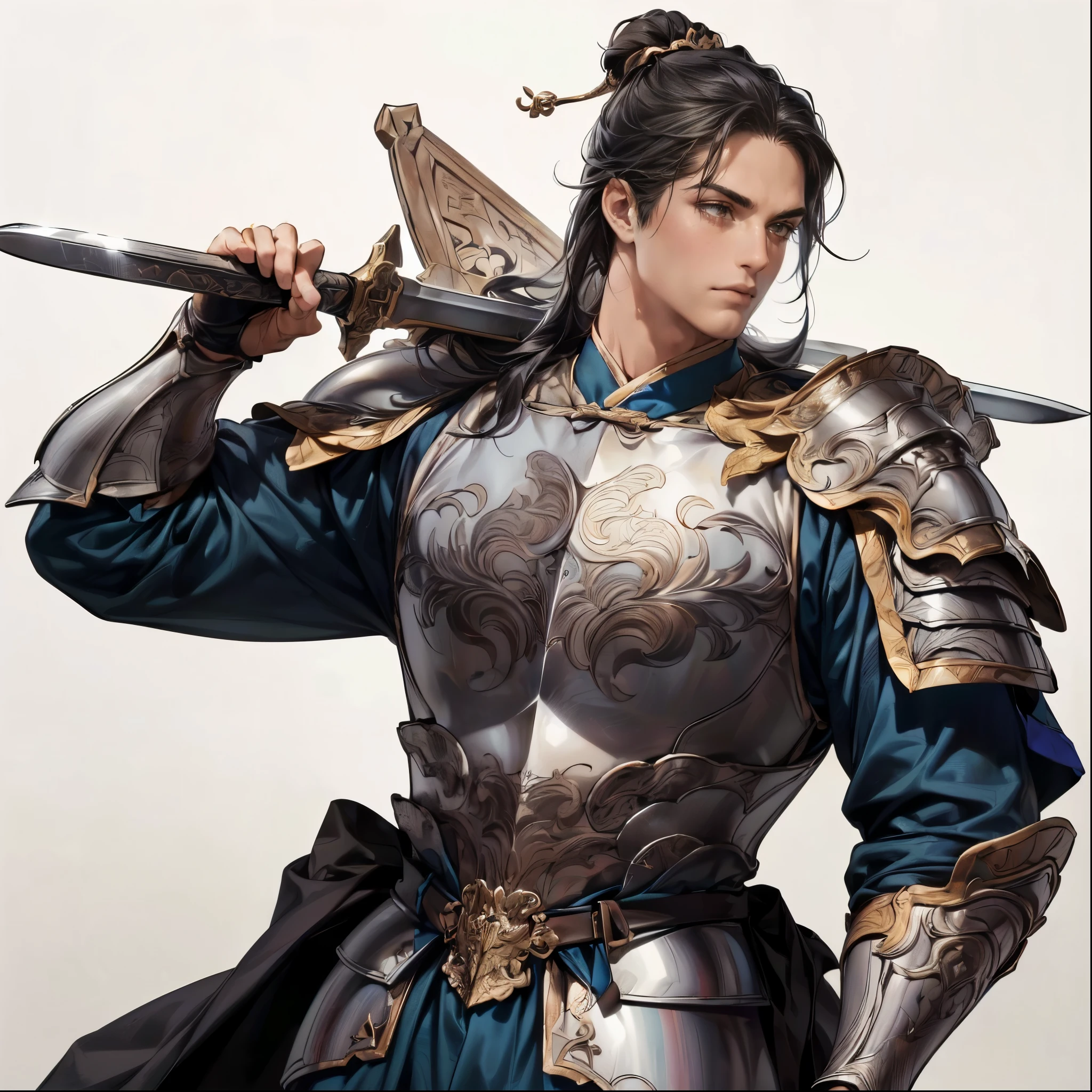 (Top Quality,4K,8k,High Resolution,masterpiece:1.2),super detailed,(super fine illustration),(((A man in armor carrying a large sword on his shoulder))),Age 30,Bad guy,Tall Length,Xiaoyan,Perfectly symmetrical face,Extremely Sexy Man ,detailed eyes:1.3, perfect eyes,(( Attractive Dark Eyes :1.3)),((( Ancient Chinese Male Hairstyle :1.3, black hair))),(( Relaxed Expression :1.2,Thin eyebrows, well-trained body)),cinematic lighting, soft shadows,((Ancient Chinese silver armor with engraved gold leading up to the detailed work of art:1.3,A large sword drawn in detail:1.3,Acrobatic pause:1.2)),((cowboy shot:1.2)),(( WHITE BACKGROUND :1.3,simple background:1.3)),(( standing:1.3,depicted so as not to be visible from the tip of the head:1.3,Distant view:1.2,45-degree side profile)
