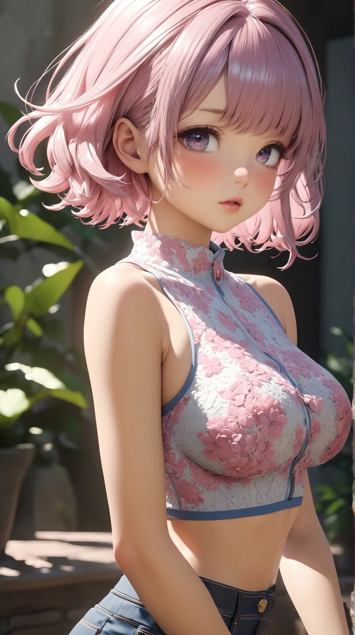 1girl, K-pop idol, Yae Yoshiko, split sleeve, bare shoulders, (sideboob: 1.45), pink hair, long hair, (ruined Japanese dress), (white dress), best quality, (photo depth: 1.3), (hair accessories: 1.35), jewelry, purple eyes, earrings, big boobs, bird eyes, cherry blossoms, lantern lights, depth of field, face focus, chest tension, bone _trim, white dress, white dress, (non-traditional perspective:1.5), Lightning Witch's bright skin, long sleeves, smile, thick lips , thighs, East Asian architecture, blurred background, full body, glowing eyes, smiling face, open shirt, bottom up, smiling face, (ulzang-6500-v1. 1:0.8), sticking out tongue, sweat, juice