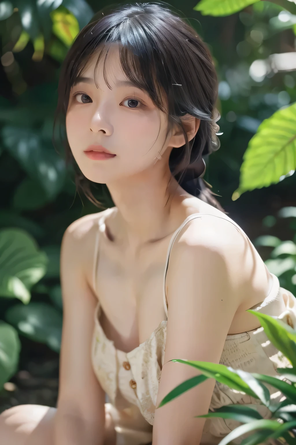 24 year old Japanese woman,top quality,masterpiece,realistic,Half-up hairstyle,upper body,intricate facial features,serene expression,sitting pose,natural lighting,photorealistic,vibrant colors,intricate background details,lush foliage,warm lighting,digital painting,4K,HDR,physically-based rendering