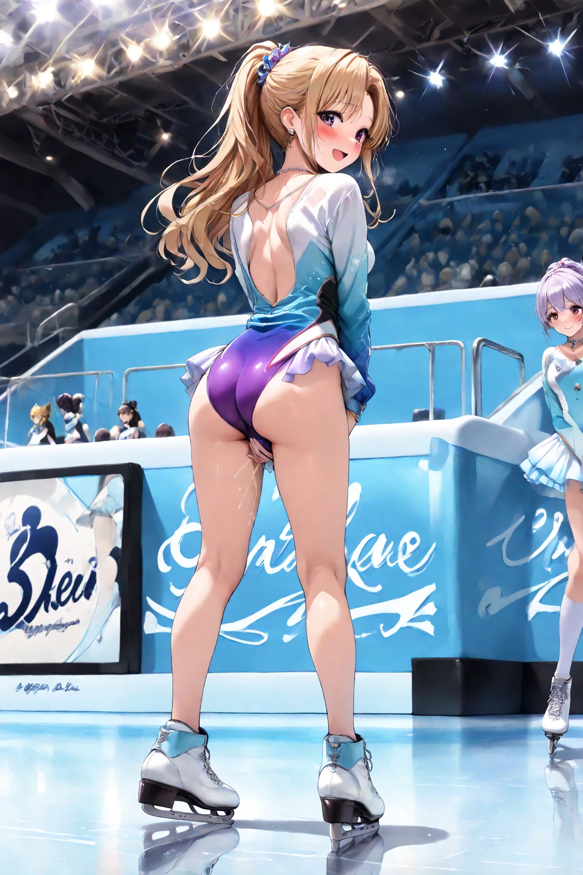 masterpiece, best quality, highly detailed, ultra high res, Ice skating rink in a large gymnasium:1.35、Figure skating、A young girl shows off her figure skating skills with a smile、A wearing a sparkly figure skating costume、 come_shouko, 1girl, solo, hair ornament, purple hair, hair in a bun, bangs, glossy lips, large breasts, tighs, thighhighs thigpurple eyes, school, ballerina, white thong, tutu, nervous, from behind, ass focus