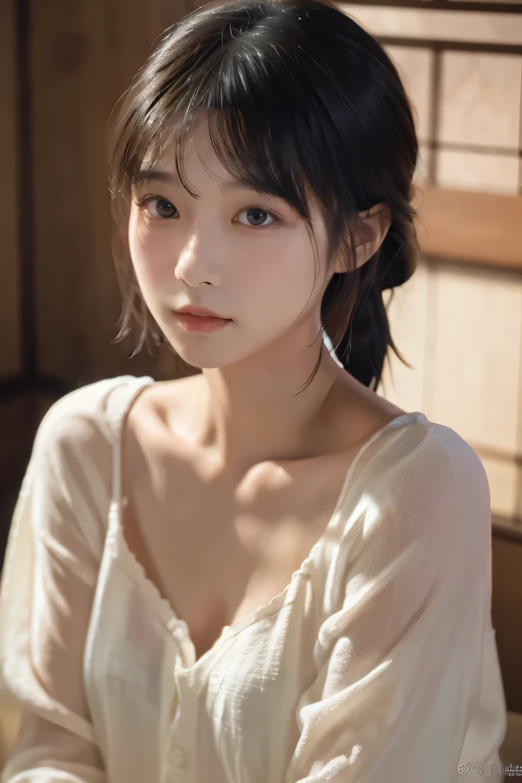 (top-quality,masterpiece:1.3,超A high resolution,),(ultra-detailliert,Caustics),(Photorealsitic:1.4,RAW shooting,)Ultra-realistic capture,A highly detailed,High resolution 16K human skin closeup。 Skin texture is natural、,The pores are、Must be detailed enough to be easy to identify。 Skin should look healthy with even tones。 Use natural light and color,resturant,Waitress uniform,1人,japanes,18year old,kawaii,A dark-haired,Middle hair,(large boob:1.2),smil,Turn your body to the front,(front-facing view:1.2),Looking at the camera,Bust-up shot:1.1,boob focused:1.1,Chest close-up:1.1