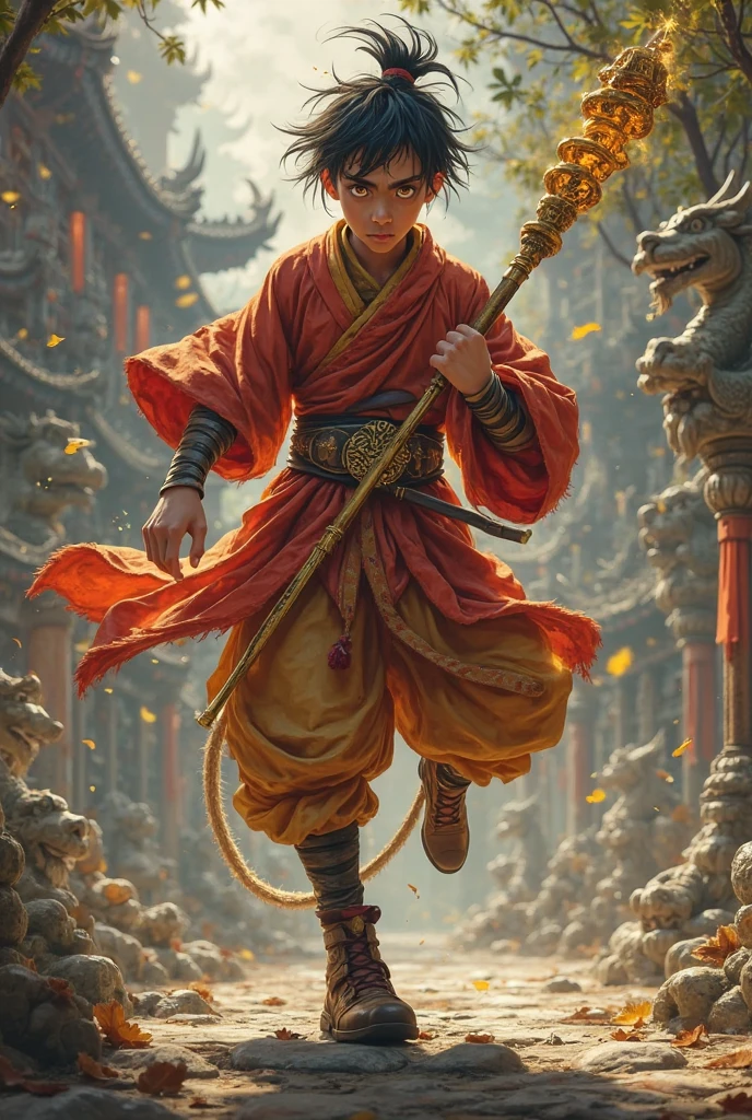 Young character: A human monk inspired by Sun Wukong, but adapted to a Dungeons universe & Dragons.
Aparência:
Agile and muscular body, with a flexible and dynamic posture, like a martial arts master.
Tanned skin and bright golden eyes, conveying a confident and mischievous look.
disheveled black hair , stuck partially on the top of his head, with some wicks falling loose.
Long furry monkey tail, moving naturally, helping the balance and acrobatics.
Clothes and Equipment :
Traditional monk's tunic, with vibrant colors in shades of red and gold, recalling ancient Chinese costumes.
Bands wrapped around arms and legs, reinforcing the vibe of a fighter.
Lightweight leather boots, suitable for jumps and quick movement.
A long, golden cane, similar ao Ruyi Jingu Bang (Sun Wukong's cane), with details engraved in a spiral.
Pose and environment :
The monk is in a battle pose, holding the staff in one hand and balanced on the tip of the foot, ready to attack .
Background with an ancient temple, shrouded in mist , with flashlights burning and statues of dragons around.
Some leaves in the wind, reinforcing the sense of movement.
A faint golden glow around the character, suggesting mystical powers.