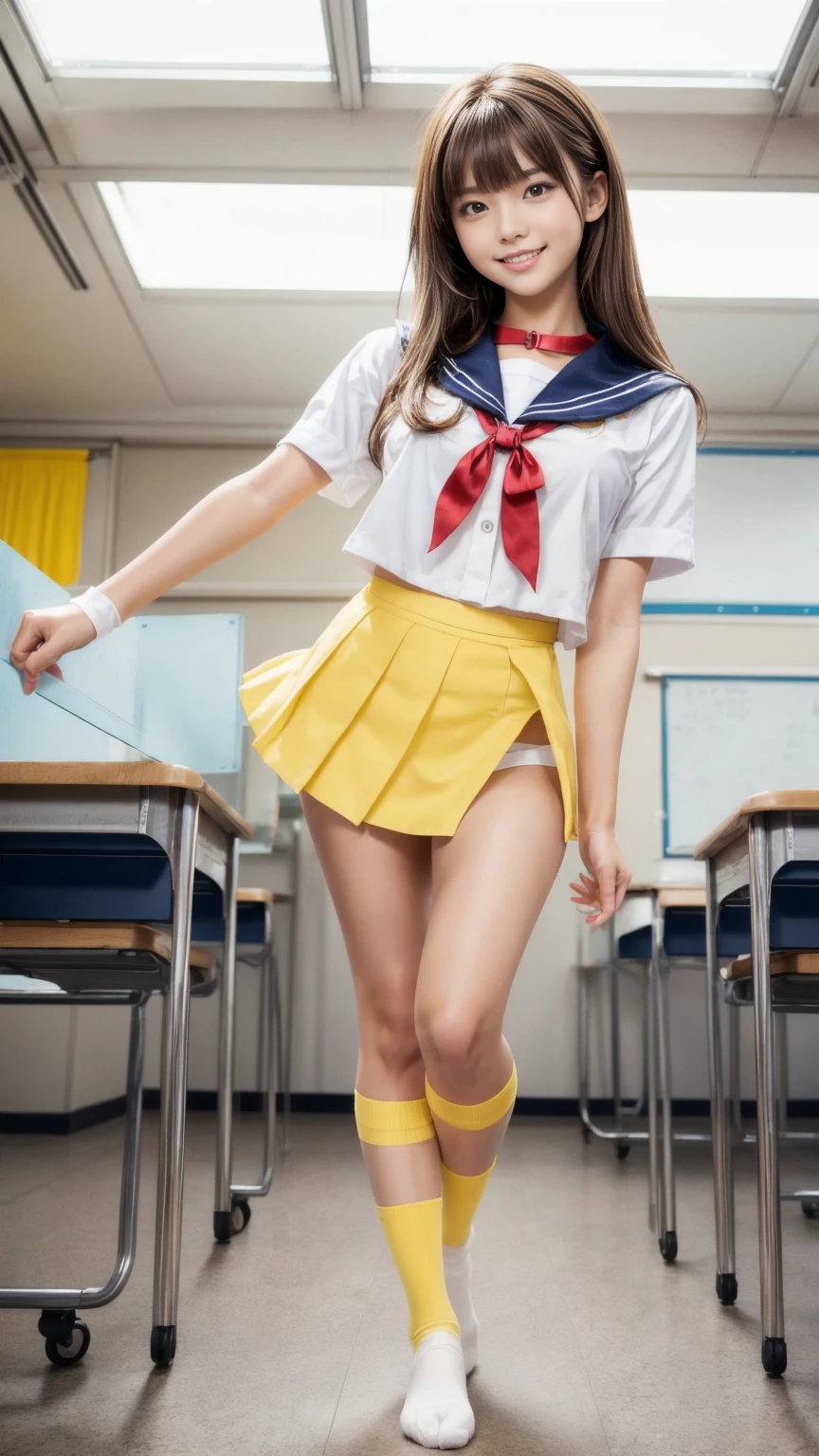 ((highest quality、8K、master piece:1.3))、draw beautiful women,、that girl、Highly exposed Japanese high school girl uniform、super mini skirt、white panties、1 girl、beautiful japanese woman:1.3、beautiful woman with perfect style:1.4、perfect eyes、gentle eyes、perfect iris、perfect skin、super detailed face、delicate eyes、double eyelid、smile、I can see my knees clearly:1.35、smile、Long sleeved Japan sailor suit、sit on a chair and open your legs、(skirt lift)、((wearing black socks and loafers;1.33))、pigtails、inside the classroom、((Chubby))