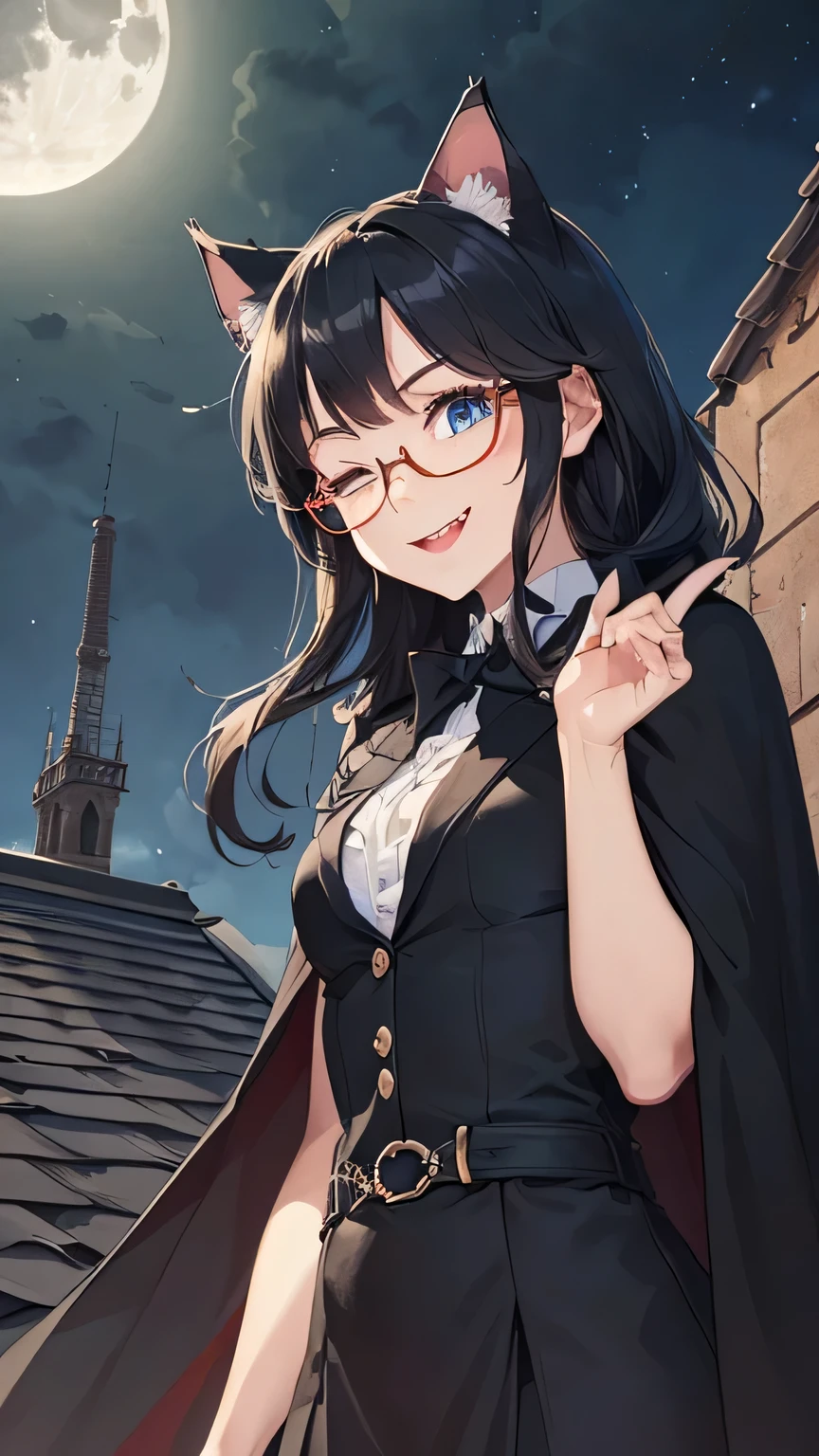 最high quality, high quality, 8k、High resolution,Highest quality、solo、Open Mouth Smile、An anime character dressed in black clothing, wearing a black hat and glasses, Frivolous anime witch casting a spell, A strong and plump female magician, , chic, Anime Moe Art Style, Cute Witch, I also make fan art, Sky Witch