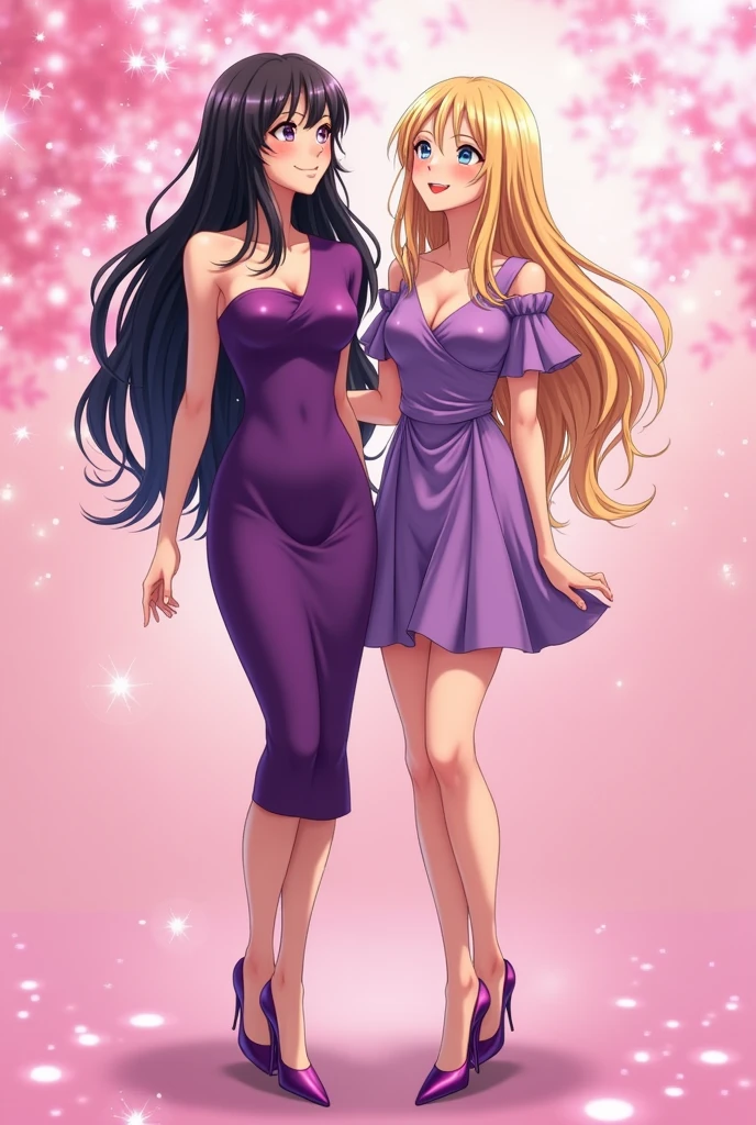 (16K), two headed woman, smiling, highres, masterpiece, ((blonde hair)), ((brown hair)), ((different hair color)), cleavage, ((violet purple dress:1.5)), lustrous and smooth skin, (mature woman), (Aqua blue eyes), ((black dress)), seductive silhouette, ((slim hips)), rouge_the_bat_(cosplay), blouse, looking sexy, beautiful, tight, tight dress, long hair, white elbow gloves, blue eyeshadow, pink lipstick
