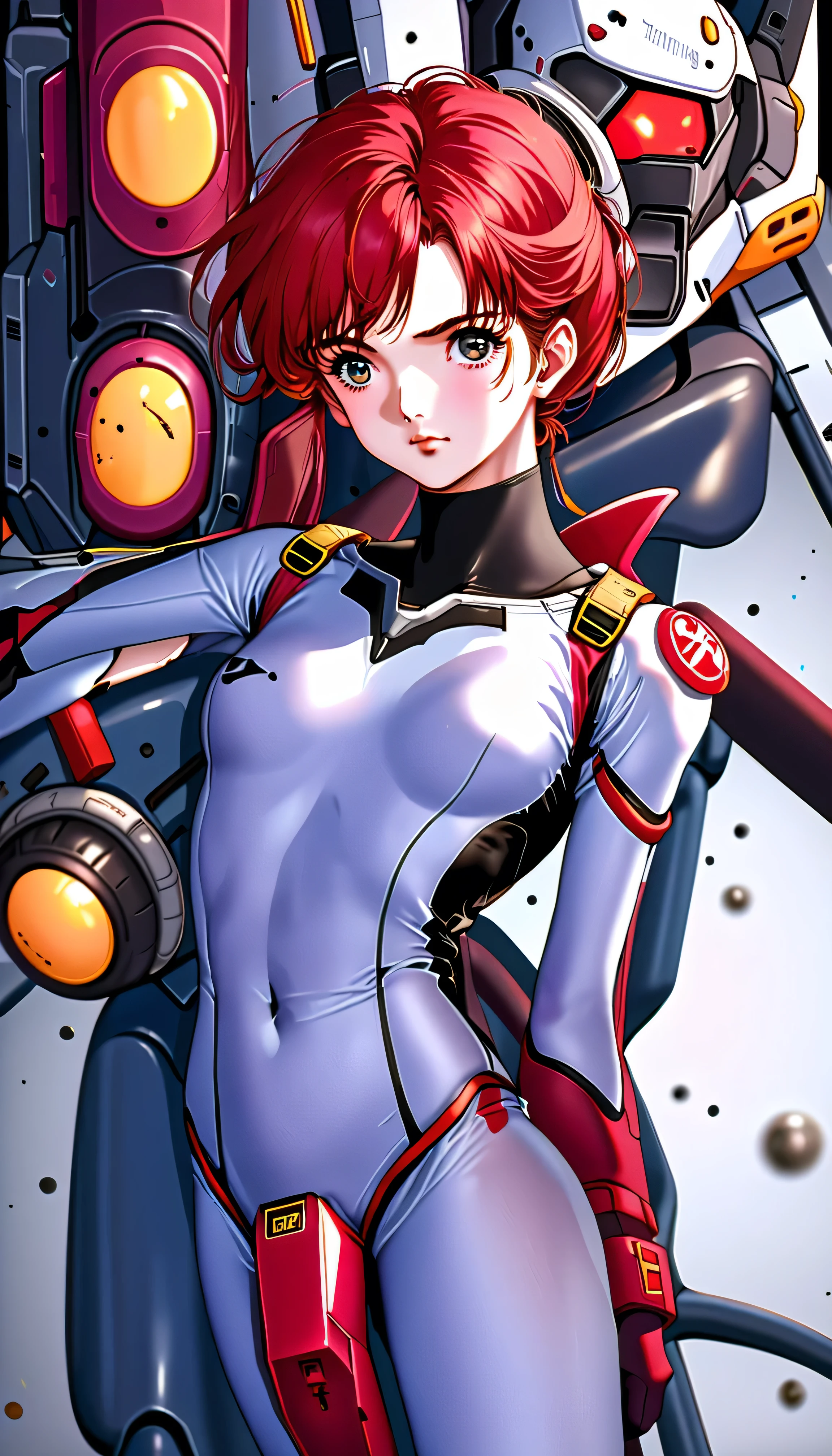 NSFW, RAW photo, (photorealistic:1.4), (1 girl:1.8), beautiful hair, bright pupils, high detail, viewfinder, Eye-Level Shot, 8k, super detail, masterpiece, anatomically correct, textured skin, high details, award winning, best quality, Rose Saint, female knight, nickname is the Bloody Rose, Crimson Armor, veteran warrior, age 25, big breasts, cleavage, great proportions, long legs, beautiful legs, slim waist, beautiful hip line, Slim figure, supple abdominal muscles, (Mobile Suit Gundam:1.6, mobile suit pilot:1.6, Normal suit appearance:1.6), ace pilot, (In the background is her mobile suit), (A space suit that fits the body:1.4)