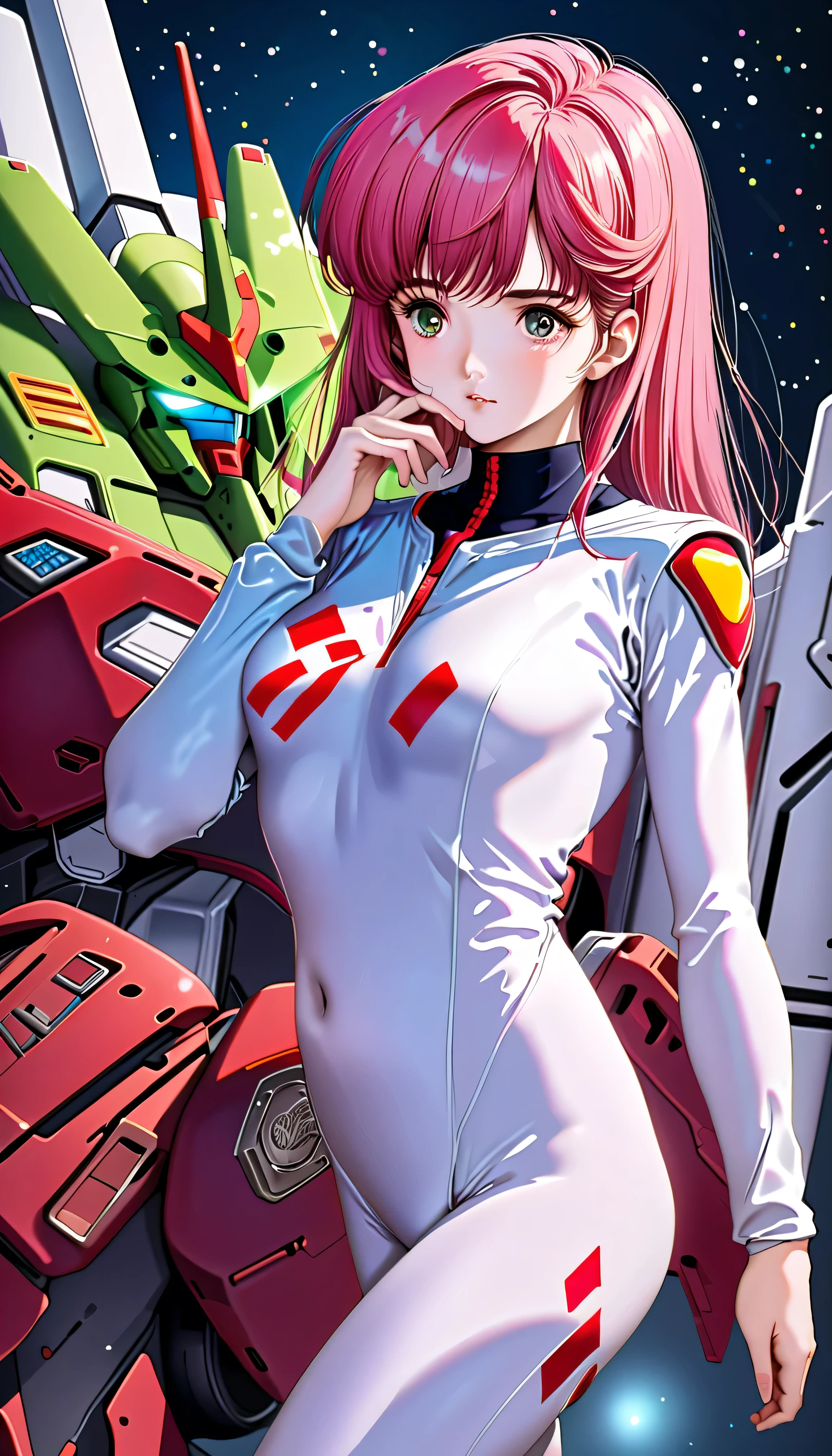 NSFW, RAW photo, (photorealistic:1.4), (1 girl:1.8), beautiful hair, bright pupils, high detail, viewfinder, Eye-Level Shot, 8k, super detail, masterpiece, anatomically correct, textured skin, high details, award winning, best quality, Rose Saint, female knight, nickname is the Bloody Rose, Crimson Armor, veteran warrior, age 25, big breasts, cleavage, great proportions, long legs, beautiful legs, slim waist, beautiful hip line, Slim figure, supple abdominal muscles, (Mobile Suit Gundam:1.6, mobile suit pilot:1.6, Normal suit appearance:1.6), ace pilot, (In the background is her mobile suit), (A space suit that fits the body:1.4)