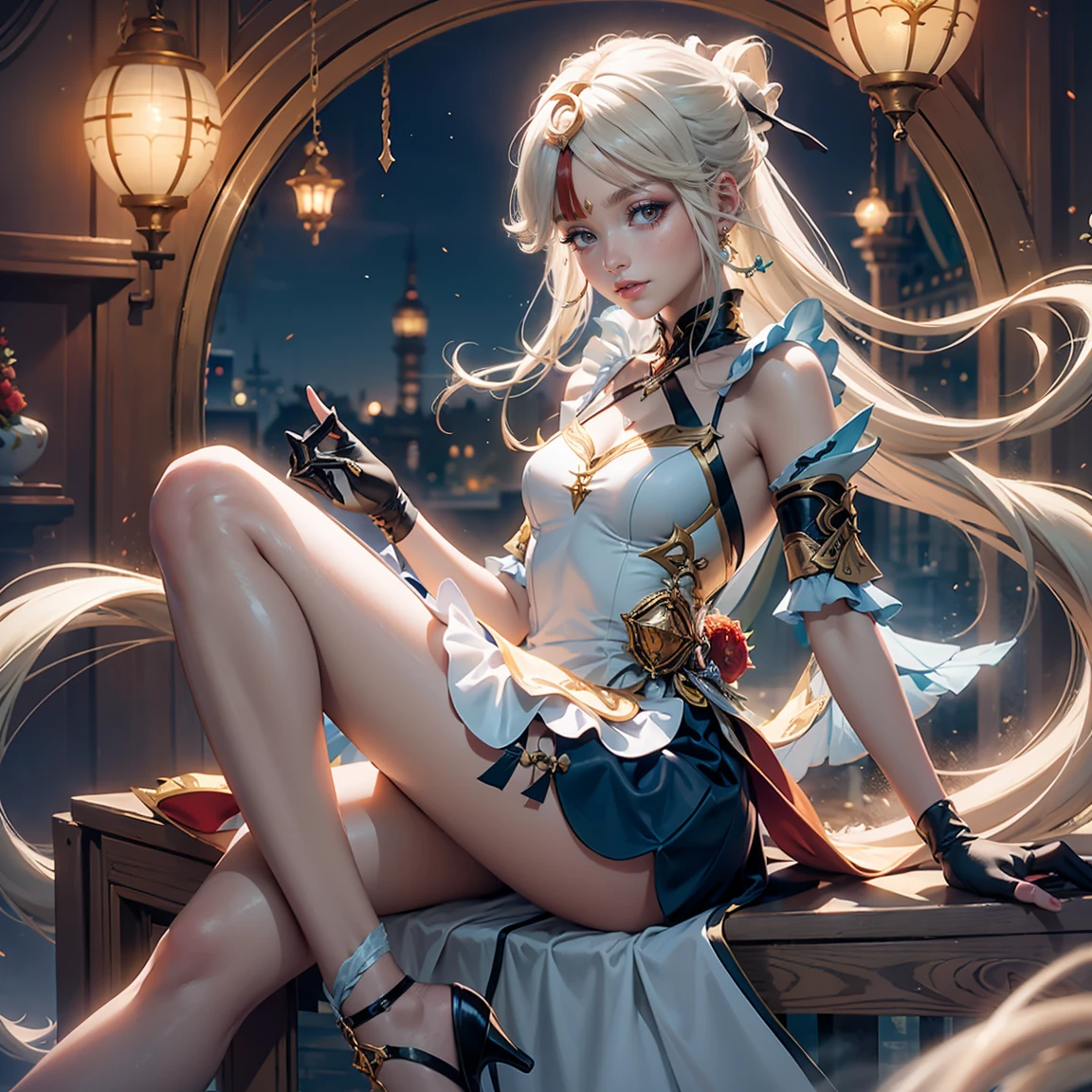 (((full medium shot))), (Masterpiece, photorealistic, photorealism, best quality, ultra-detailed:1.3), (nice hands, perfect hands), official art, cinematic light, (1girl:1.3), adult, (\YING\), 1GIRL, BREASTS, LUMINE \(GENSHIN IMPACT\), BLONDE HAIR, SOLO, CLEAVAGE, DRESS, YELLOW EYES, HAIR ORNAMENT, HAIR FLOWER, WHITE DRESS, THIGHHIGHS,POUT, BARE SHOULDERS, HAIR BETWEEN EYES, BANGS, DETACHED SLEEVES, FEATHER HAIR ORNAMENT, BOOTS, THIGH BOOTS,WHITE FOOTWEAR,