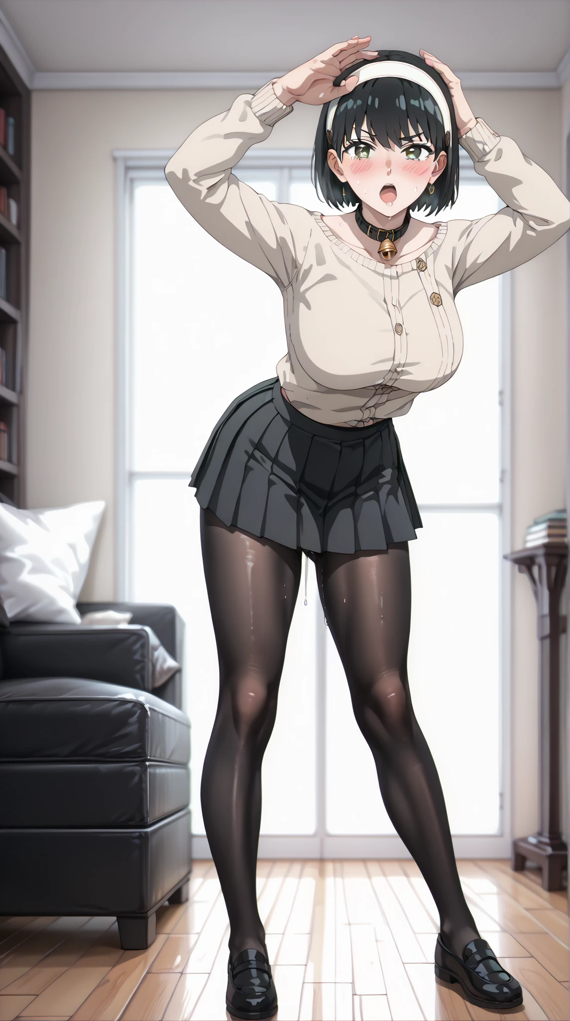 look back、angle from oblique bottom、Full Body Shot,score_9, score_8_up, score_7_up, source_ anime、TOP QUALITY、8k、 masterpiece、Ultra High Precision、 natural light、perfect anatomy、 one woman、BIG BREAST on SNS、 firm chest 、 Mouth open vertically、white headband、A black collar with a bell、 black hair、 cute face、 Clear Eyes ,A little teary、embarrassed face、After the change、Beige clothes、(black pleated mini skirt:1.5),(black pantyhose:1.5)、Sweat dripping from crotch、(Standing pose with bent forward and crotch spread:1.5)、Clenched Fist、Cat pose with hands on head、