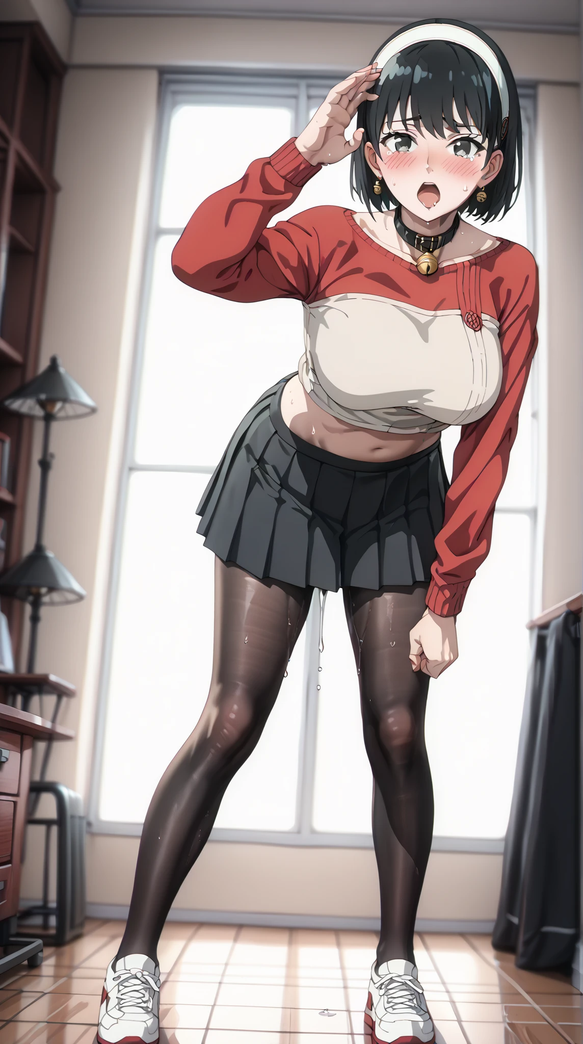 look back、angle from oblique bottom、Full Body Shot,score_9, score_8_up, score_7_up, source_ anime、TOP QUALITY、8k、 masterpiece、Ultra High Precision、 natural light、perfect anatomy、 one woman、BIG BREAST on SNS、 firm chest 、 Mouth open vertically、white headband、A black collar with a bell、 black hair、 cute face、 Clear Eyes ,A little teary、embarrassed face、After the change、Beige clothes、(black pleated mini skirt:1.5),(black pantyhose:1.5)、Sweat dripping from crotch、(Standing pose with bent forward and crotch spread:1.5)、Clenched Fist、Cat pose with hands on head、