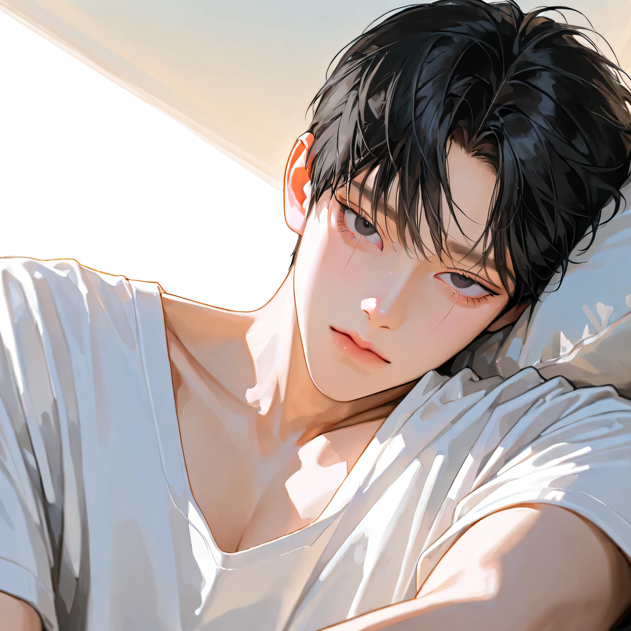 handsome, Lying down, Lie down, (((upper body))), black hair, 1 man with a gun, short hair, dark black hair, MALE FOCUS, handsome man, sharp eyes, Korean Comic Style , I can see my collarbone, semi-realistic art style, expressive brushwork, vivid brushstrokes , Impressionist painting , realistic skin, Realistic Hair, realistic detail, photorealistic, high detail, 자연스러운 short hair, Staring at the screen, (((((watching viewers))))), K-pop model , has nice dark eyes, beautiful dark eyes, alone, sensual, young face, Perfectly round eyes, light background, Tee shirt, shirt, highly detailed eyes, sharp double eyelids, (((((well-defined eye lines)))), clear eyeliner