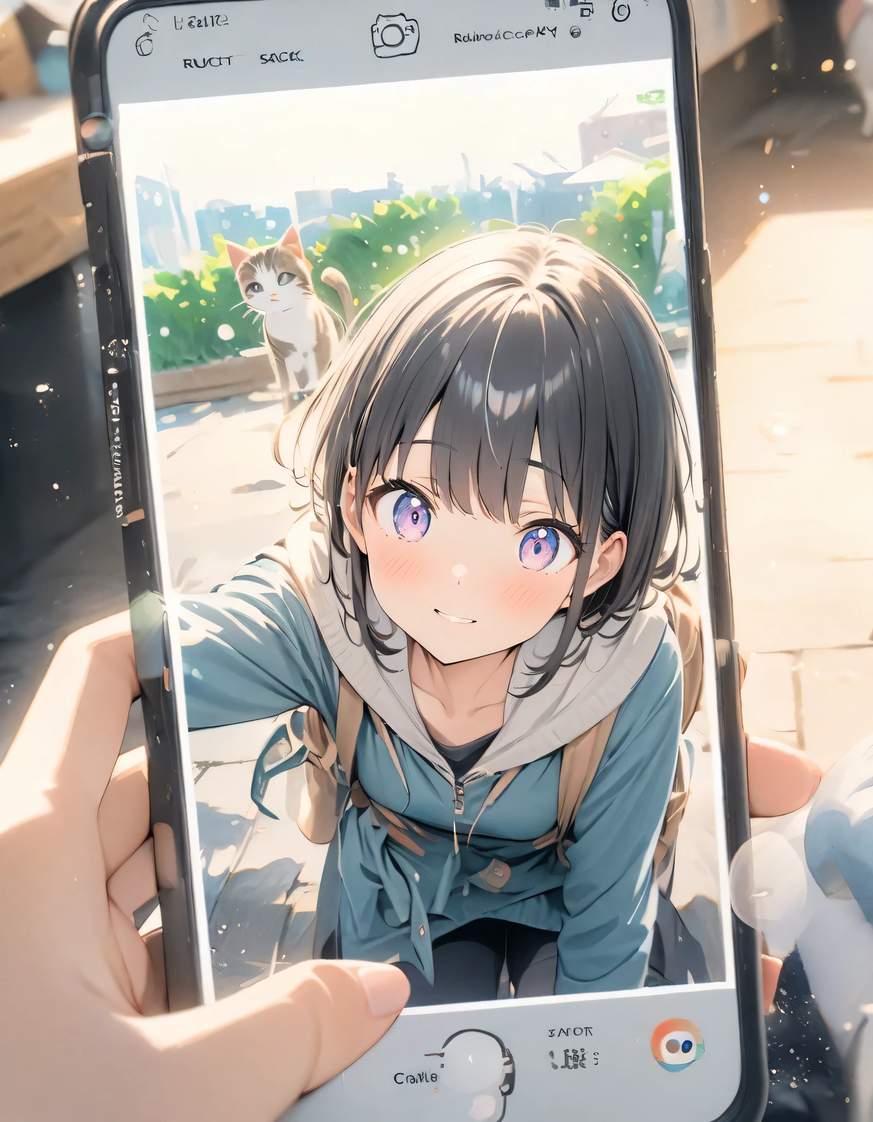((style:Colored pencil,pale colour)),(anime)、(masterpiece:1.2),Girl taking a photo、snapshot、A scene from everyday life、Crouching down to take a photo of a cat、Ruck sack、SLR、Light effects