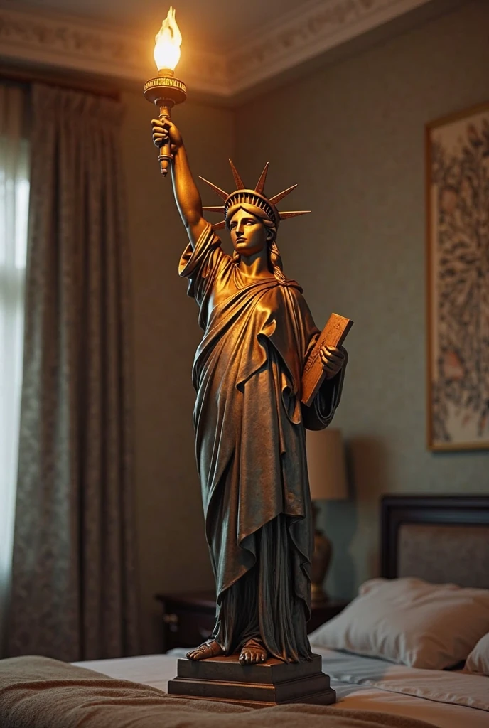 statue of liberty sitting on a bed with a wooden headboard, baroque vaporwave、Sexy american statue of liberty cosplay、Extremely high detail