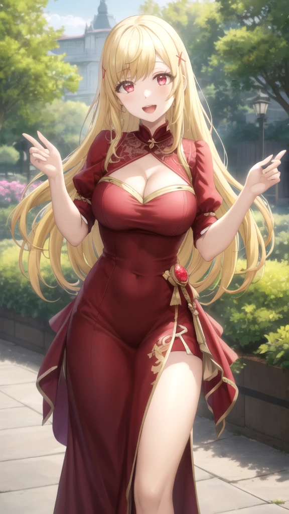 A woman with big ，(Gorgeous woman)，Gorgeous red Rococo dance dress，Long blond hair，Exquisite，Protruding lower chest，(transparent)，(See-through clothes)，Showing belly，(Blush:1.2)，Slender legs，On the streets of London，Dancing show，