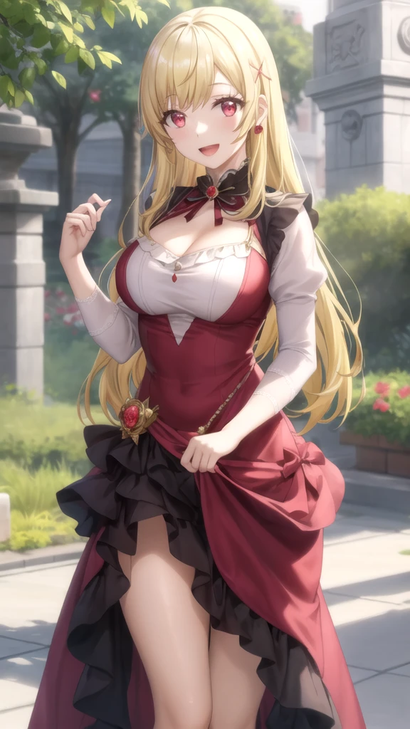 (8k,High resolution,masterpiece, accurate, Anatomically correct, Winner of numerous awards, 最high quality, High-resolution model, high quality, High detail, Very detailed:1.3)One person,16 year old girl,red eye(Big eyes)(Drooping eyes)
(pink sexy lips:1.2)Blushing,Hilda Hopes, smile,View your viewers, Hair Bun,blonde,Twin tails,dress, Red gloves, boots, Hoop Earrings,Large Breasts, (Cleavage)(grassland at sunset:1.0)(under the big tree)red and black dress,mini skirt