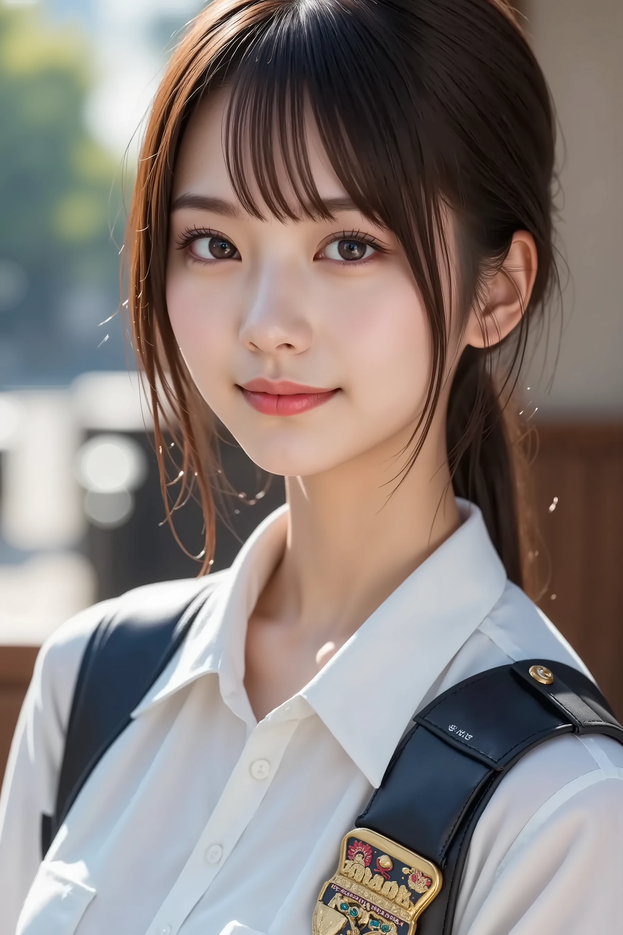 above shoulder, A state where the face is accurately positioned in the center of the image, upper breast, fully reflects the entire head, Face clearly visible, policewoman, Police vehicles, long hair, bungs, smile, young and cute japanese face, Official Art, high image quality CG Unity 8k wallpaper,Ultra high image quality, very well detailed, high image quality, Film Grain, lens flare glow, Top Quality, 8k, as a portrait shot, viewer, masterpiece, Top Quality, very well detailed, it's cute, sexy, very well detailedな, Detailwear Features, Beautiful Japanese Woman, ladies 1, Tight chest