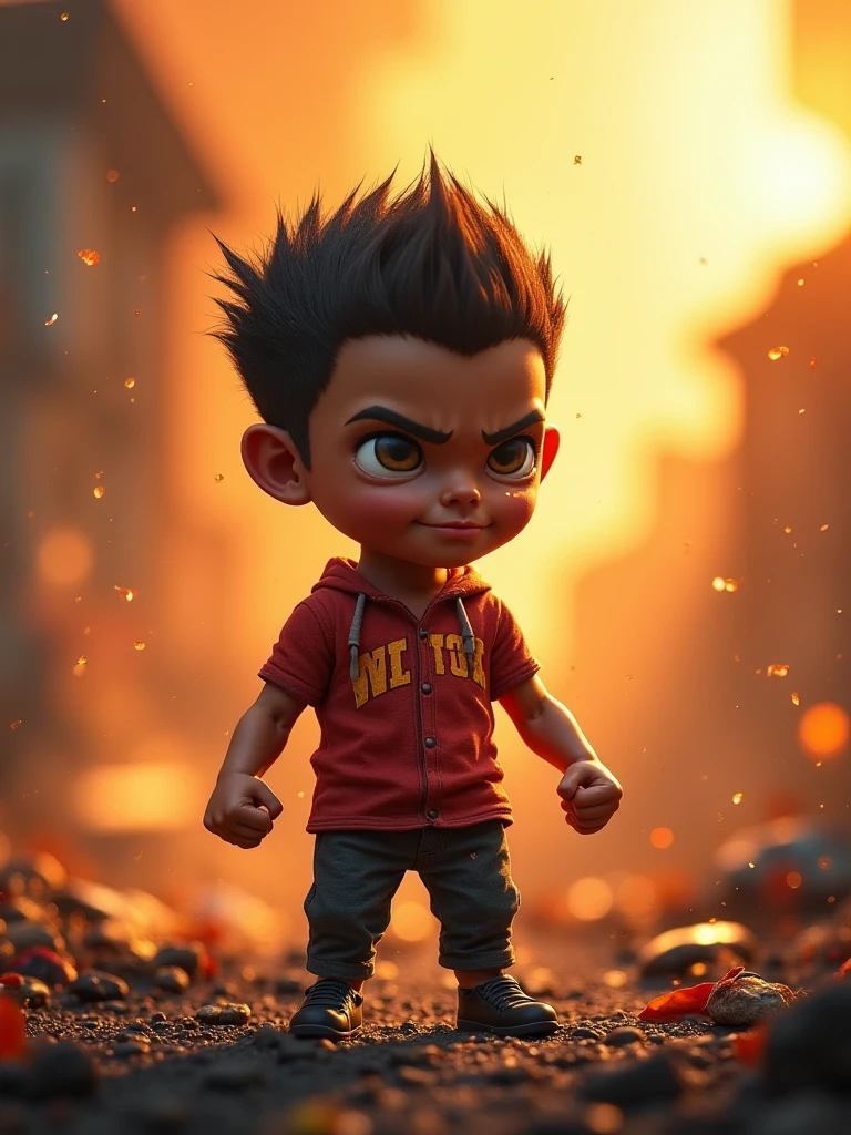 guttonerdvision4, portrait of one (((3-year-old boy, wearing glasses)), wearing the costume of the character "Deadpool", (((full body)), (((without mask))). ((The setting is a burning environment with pieces of stone around it and rubble on fire).) Scene (((realistic))) and (((detailed))), with depth of field to give more realism to the scene.