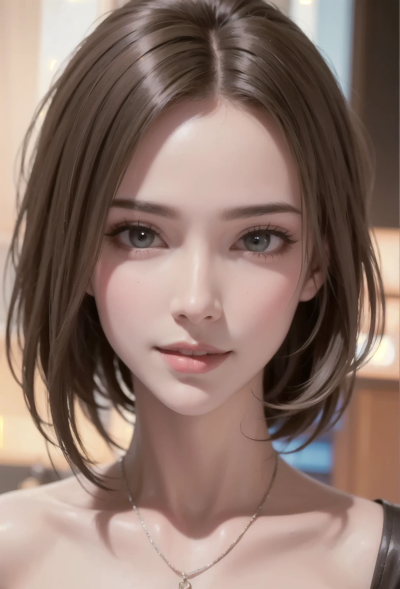 (​masterpiece:1.3), (8K, Photorealsitic, Raw photography, Top image quality: 1.4), Japan high school girls、(Random hairstyles:1.2)、cleavage of the breast:1.2、Super Detail Face、Eye of Detail、二重まぶた、Bring your chest together、foco nítido:1.2、prety woman:1.4、light brown hair、top-quality、​masterpiece、超A high resolution、(Photorealsitic:1.4)、Highly detailed and professional lighting smile、Loose and light knitwear、Shoulder out、slender、serious facial expression、short-haired、Fatal position