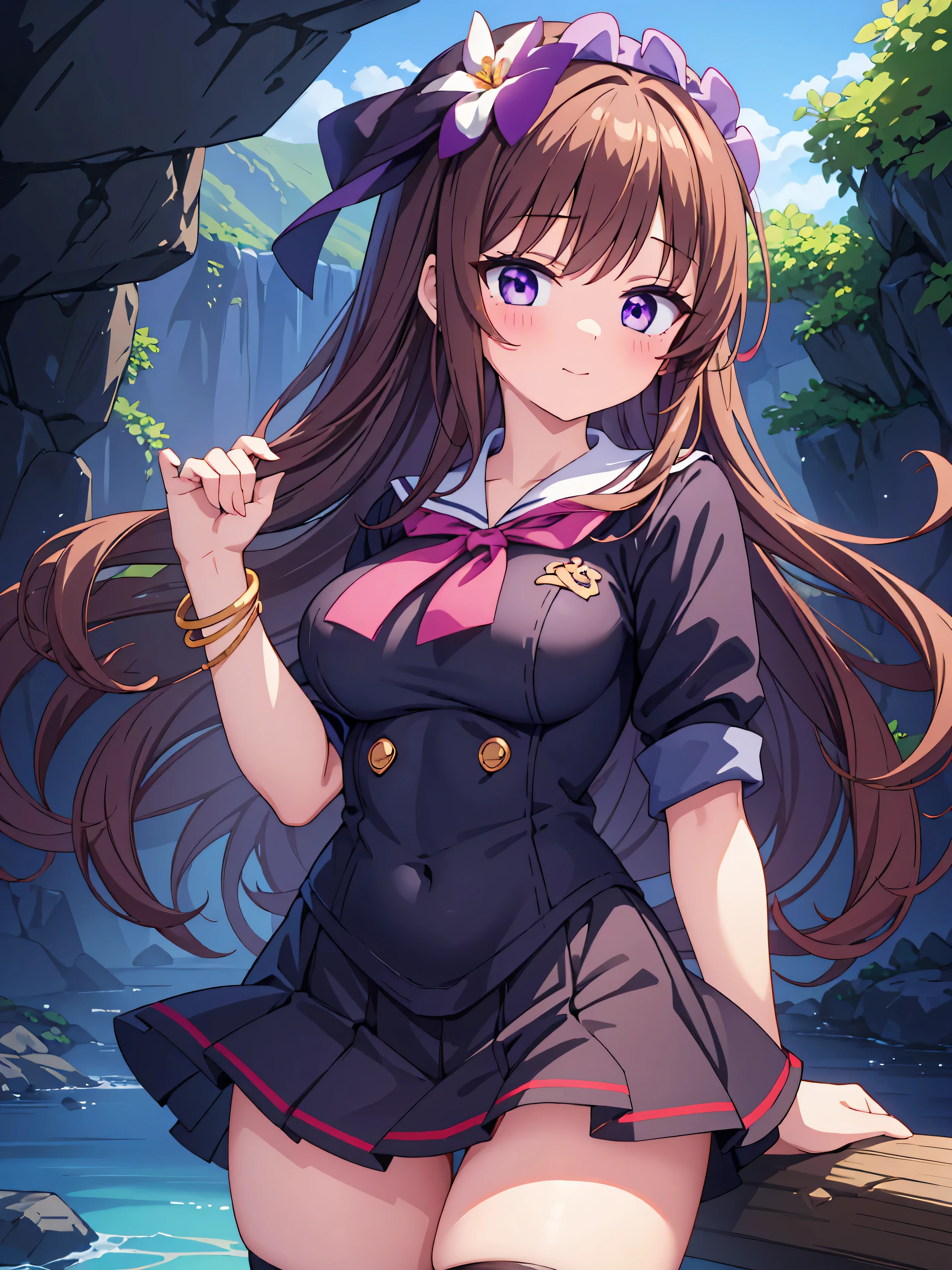 Highly detailed, high quality, masterpiece, beautiful, (all photo shooting), girl student girl, perfect eyes, purple eyes, clear eyes, blushing face, happy face, in 4, showing ass, big thighs, medium breast, long wavy hair, brown hair, with bracelet in hand, bow in hair, flower headband, with schoolgirl outfit, with black stockings, short mini skirt, full thong show, sexy, background image in a cave